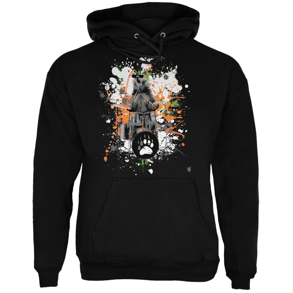 Bear Drummer Splatter Black Adult Hoodie - Trendy Graphic Pullover for Men & Women - Perfect for Concerts, Streetwear & Casual Outfits