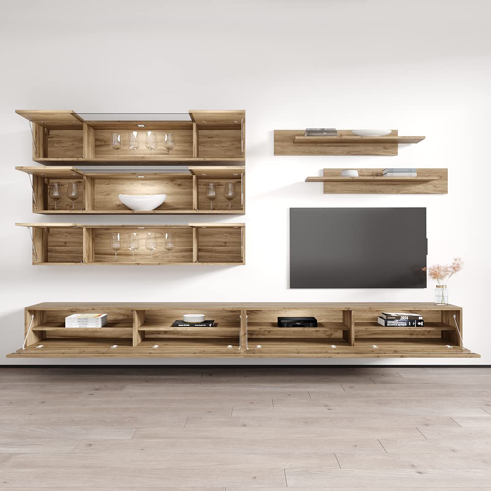 Modern Floating TV Stand with Storage & LED Lights - Wall-Mounted Entertainment Center Console for Bedroom & Living Room - Oak Wood TV Cabinet with Shelves - Perfect for Small Spaces & Home Theater Setup