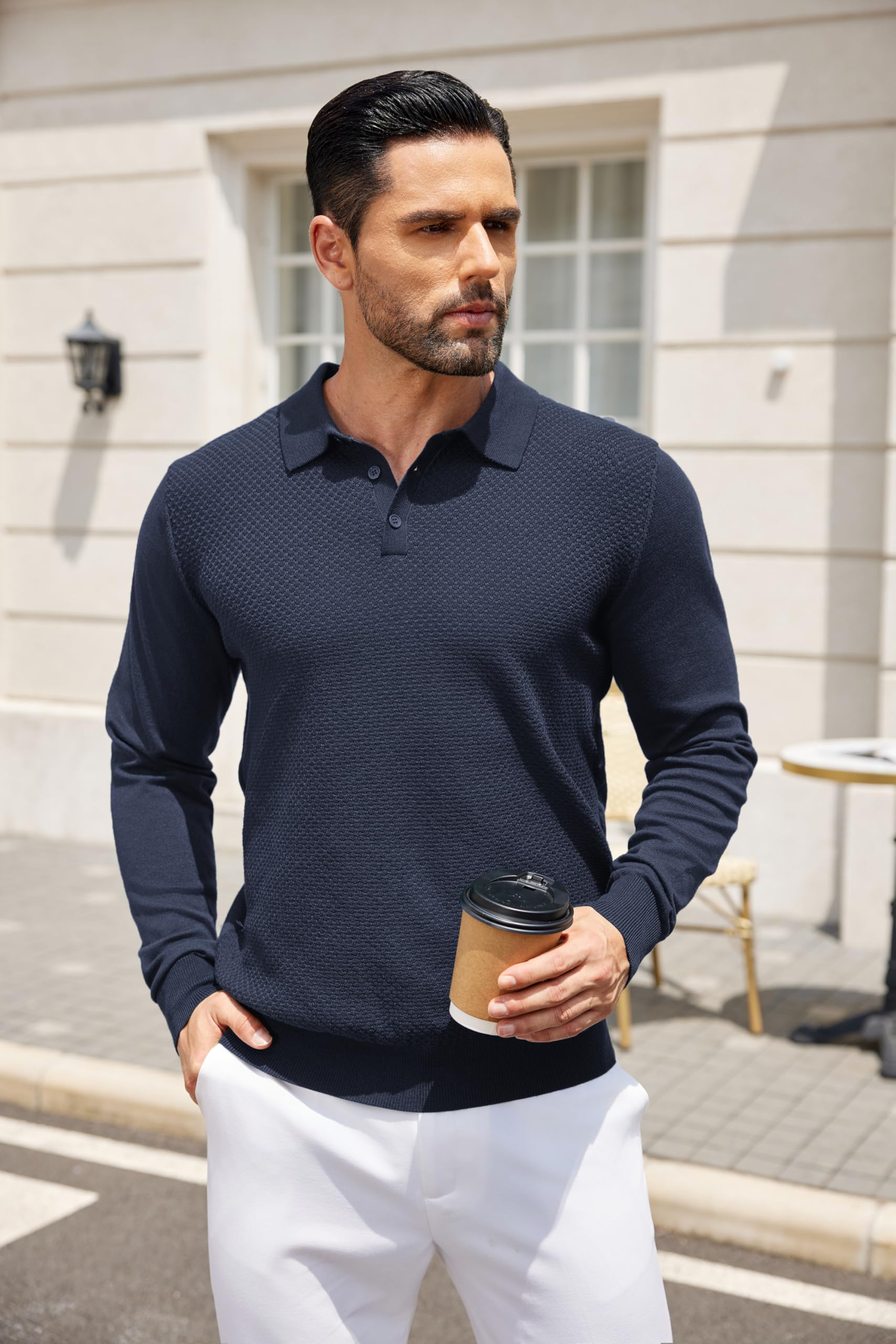 COOFANDY Men's Long Sleeve Knit Polo Sweater - Casual Quarter Button Collared Golf Pullover with Waffle Texture | Perfect for Office, Golf & Fall Layering