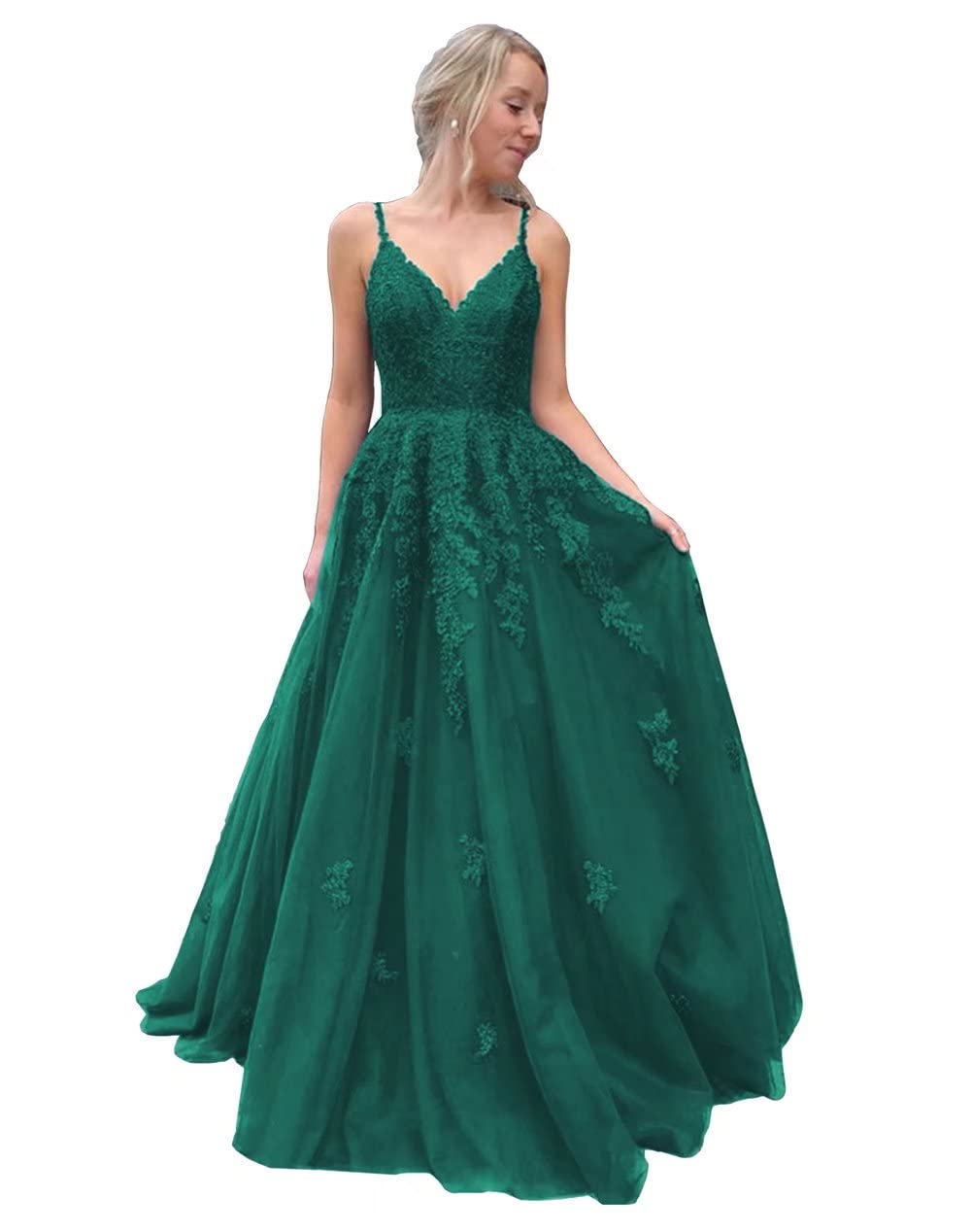 Elegant Mauuwy V-Neck Puffy Spaghetti Strap Prom Dress - Long A-Line Tulle Lace Applique Evening Gown for Women | Perfect for Formal Dances, Weddings & Special Occasions