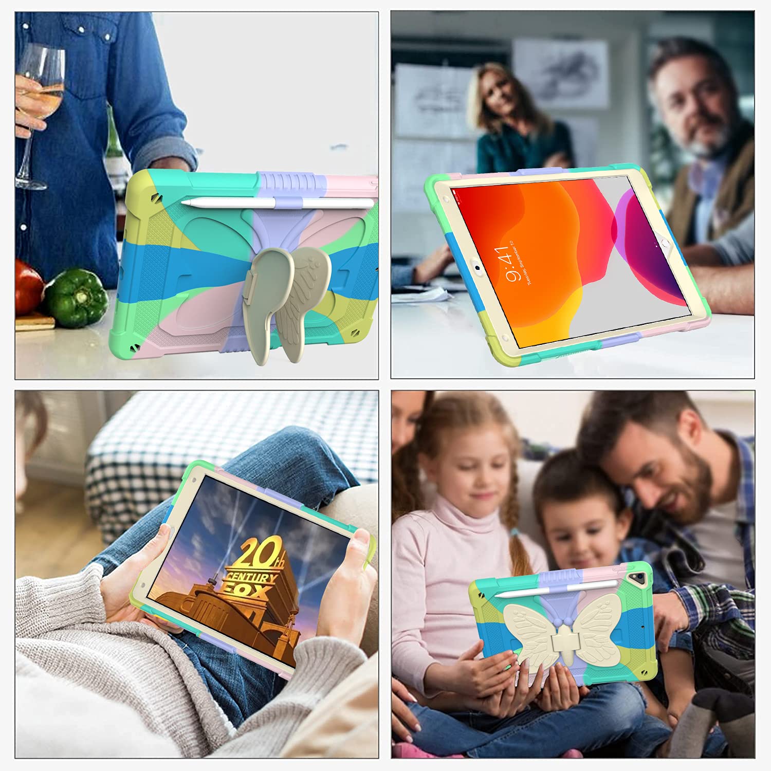 **Shockproof Silicone Kids Case for iPad 9th/8th/7th Generation 10.2 Inch (2021/2020/2019) - Cute 3D Butterfly Design with Kickstand, Durable Protective Cover for Boys & Girls (Colorful Green) - Perfect for School, Travel & Playtime**