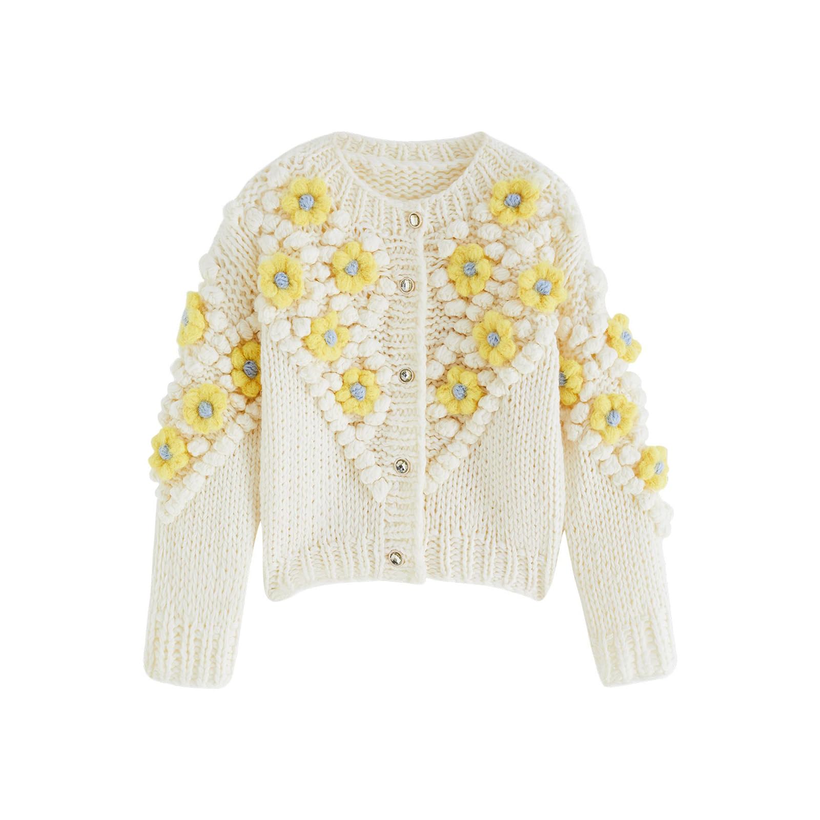 Chicwish Women's Yellow Stitch Floral Pom Pom Knit Cardigan Sweater - Cozy Fall Layering Piece for Casual Outfits & Autumn Photoshoots