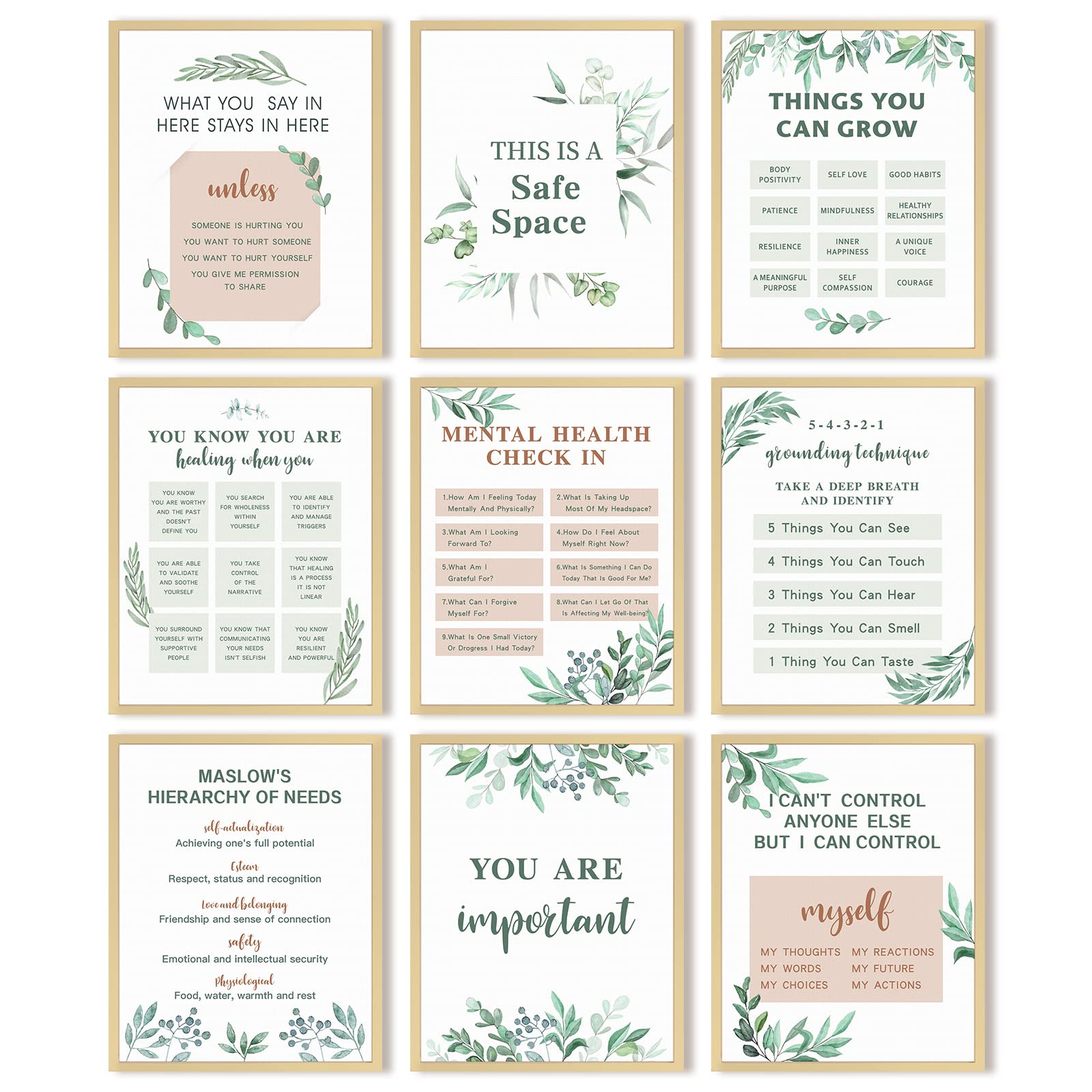 9-Piece Mental Health Posters Set - Anxiety Therapy & Motivational Wall Art for Psychologists, Counselors, Home & Office Decor - 8x10 Inch Inspirational Quote Posters (Leaf Design) - Perfect for Therapy Rooms, Classrooms, and Mental Wellness Spaces