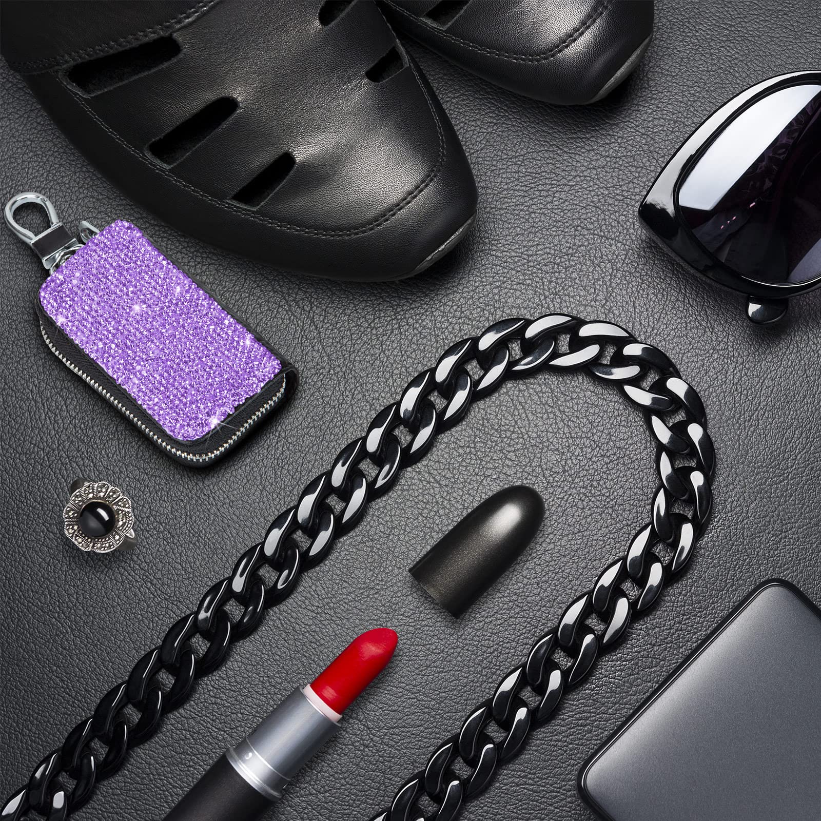 5-Pack Purple Leather Car Key Case with Metal Hook & Keyring - Zipper Pouch for Remote Key Fobs, Bling Keychain Holder - Women's Handbag Charms & Purse Accessories (Great for Key Organization & Gift Giving)