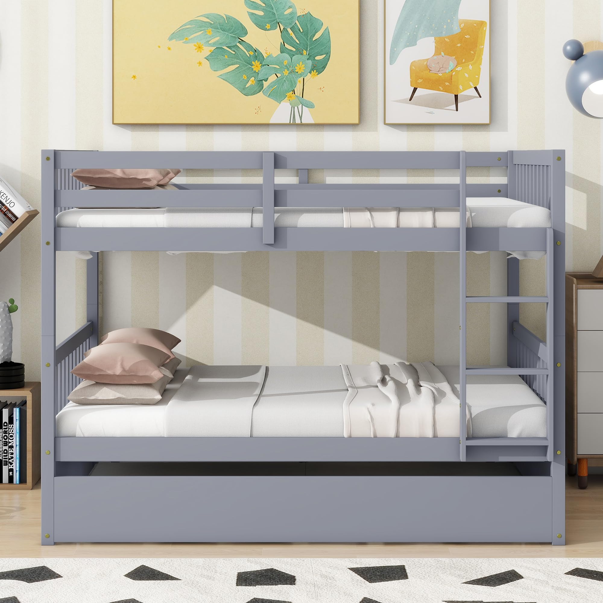 Homsof Full Over Full Bunk Bed with Trundle - Converts to 2 Full Size Platform Beds | Sturdy Ladder & Safety Rails for Kids, Teens & Adults | Space-Saving Grey Bedroom Furniture for Guest Rooms, Dorms & Small Apartments