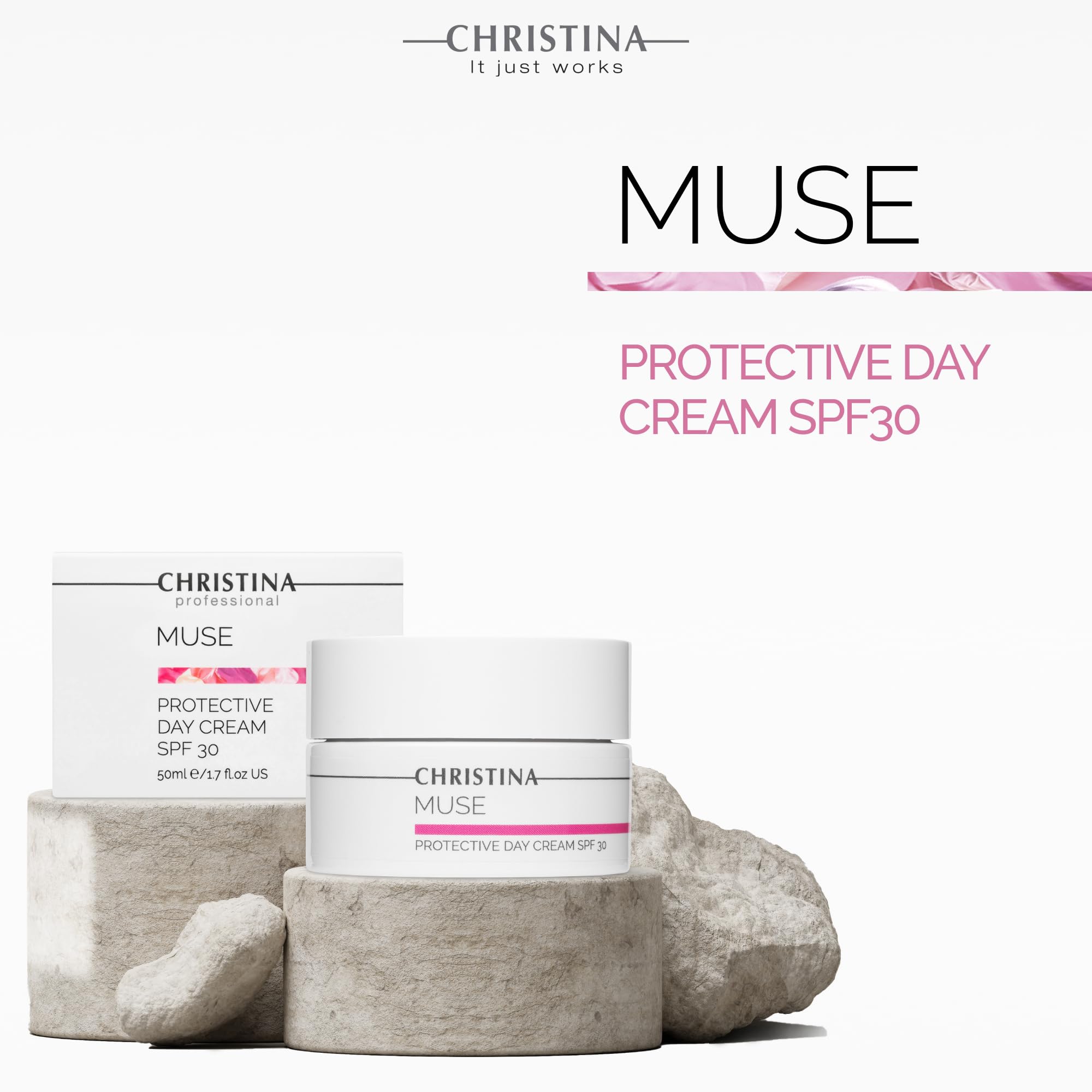 CHRISTINA Muse SPF 30 Hyaluronic Acid Day Cream - Hydrating Face Moisturizer for Normal & Dry Skin | Anti-Aging Protection | Daily Use for Sun Defense & Deep Moisture | 50ml | Perfect for Workday, Outdoor Activities & Travel Skincare Routine