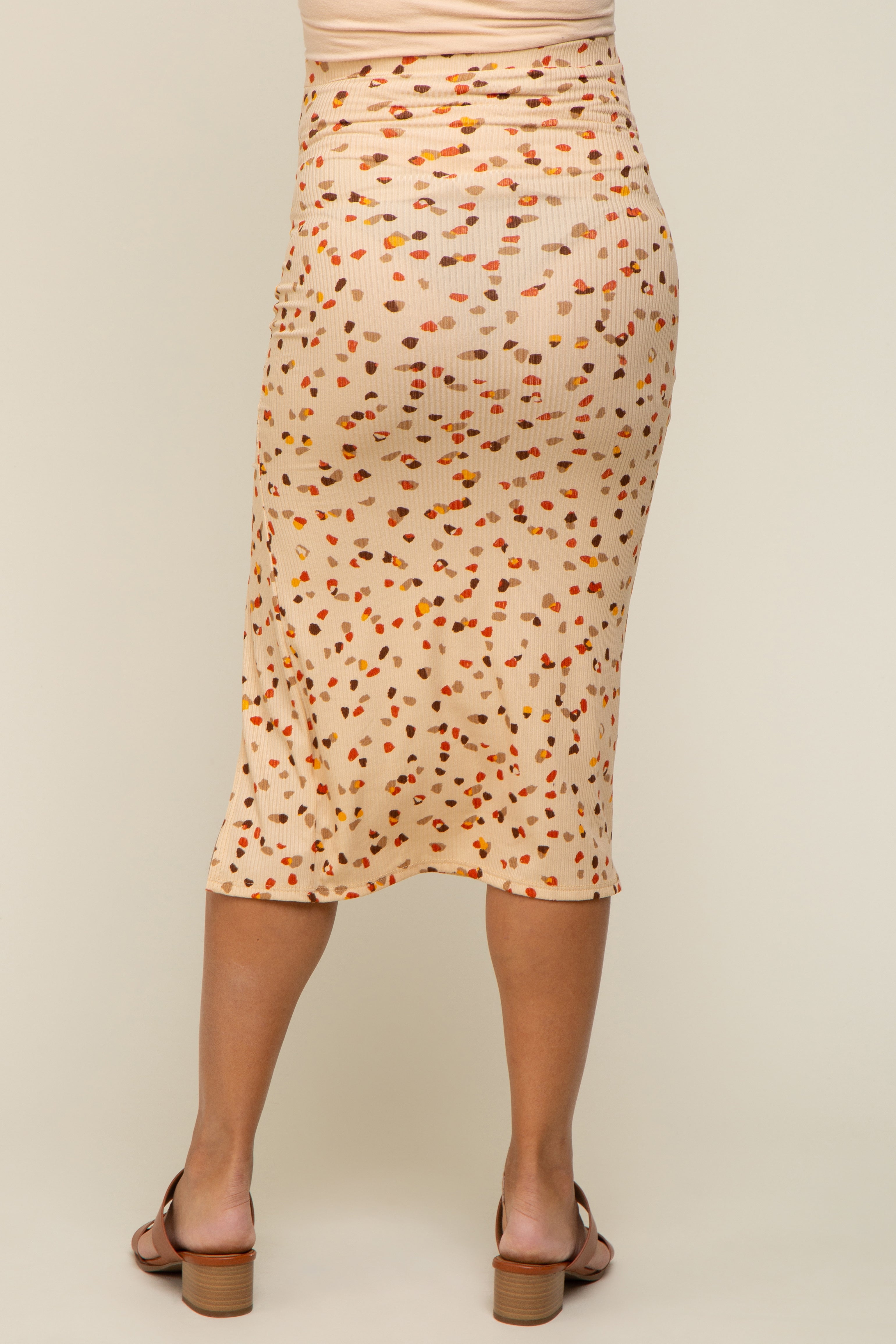 Beige Ribbed Side Slit Drawstring Maternity Midi Skirt for Women - Comfortable Pregnancy Clothes for Casual Wear, Office & Maternity Photoshoot
