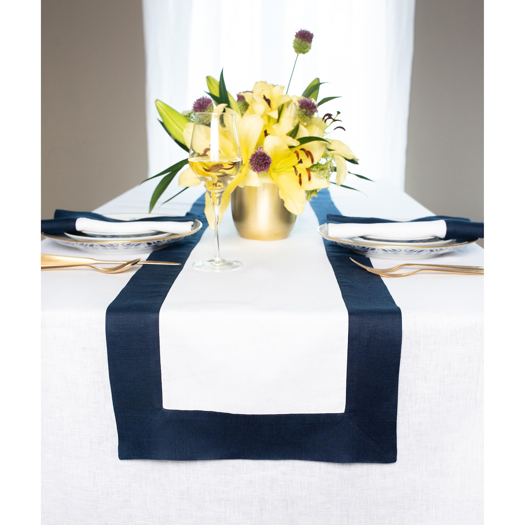 Solino Home 100% Pure Linen Table Runner 14 x 90 Inches - Navy and White Striped Contemporary Tablecloth for Dining Table Decor | Perfect for Weddings, Parties, Spring Decor, Mother's Day & Easter Celebrations | Elegant Home & Event Decoration