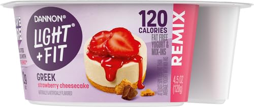 Light + Fit Nonfat Greek Yogurt with Strawberry Cheesecake Flavor, Graham Cookies, Caramel Pearls & Dark Chocolate Mix-Ins - 4.5oz Cups | High-Protein Snack for Breakfast, Office or Post-Workout