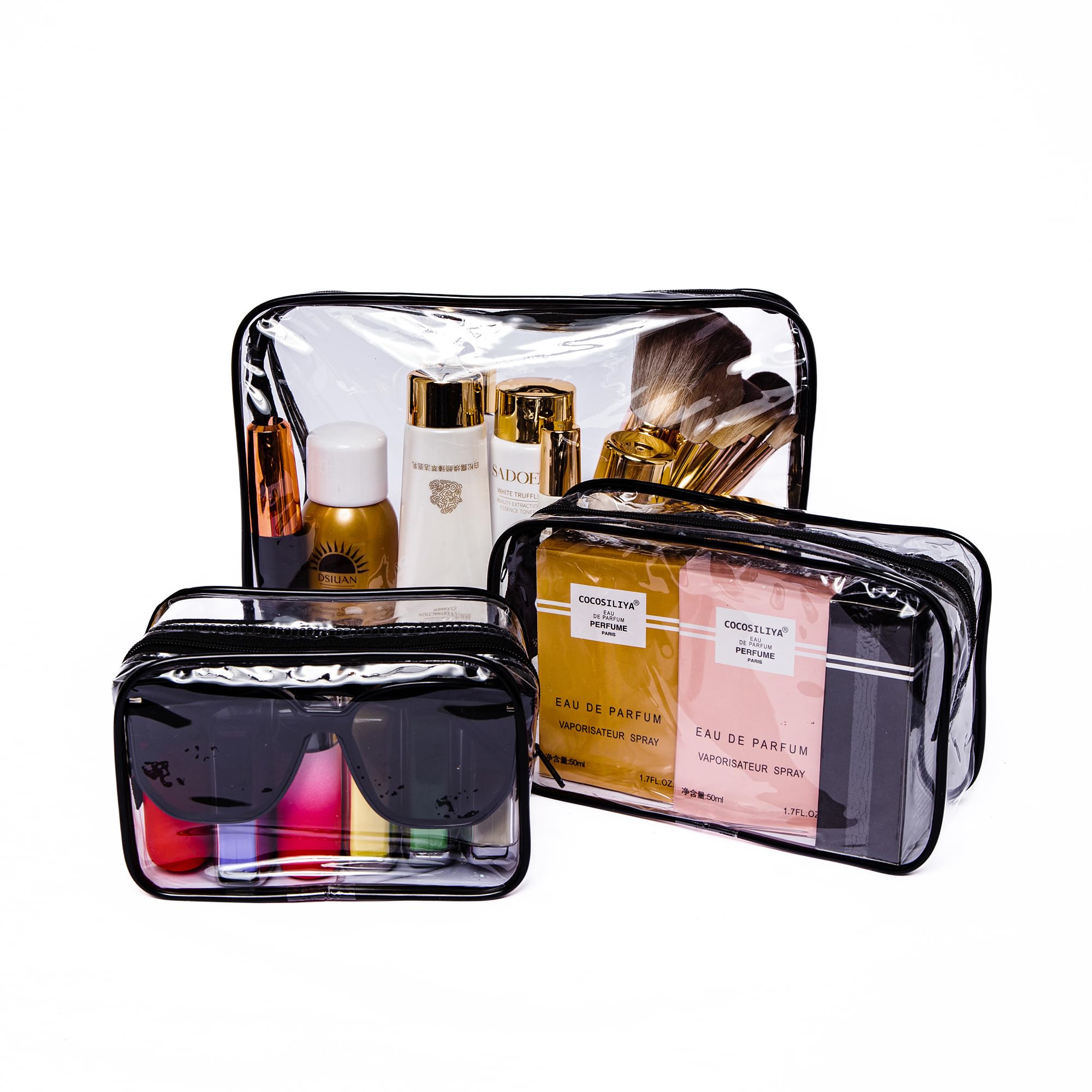 Large Clear Makeup Organizer - Transparent PVC Cosmetic & Toiletry Bag Set (3-Piece Waterproof Travel Essentials) | Perfect for Travel, Home Storage & Daily Beauty Routine