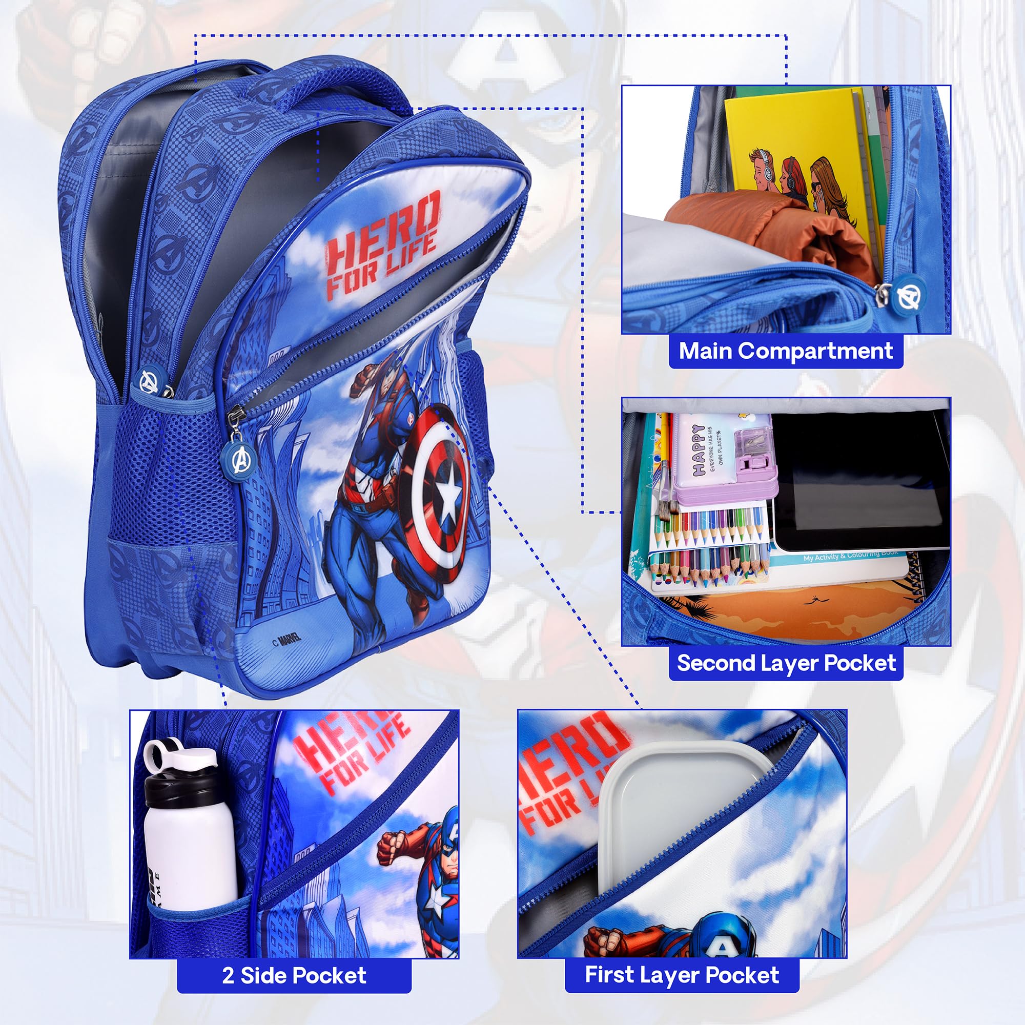 **Karston Marvel Avengers School Backpack for Boys - 16 Inch Water Resistant Kids Backpack (30L) - Spiderman Hulk Ironman Design - Perfect for School, Travel, Picnic & Gifts**