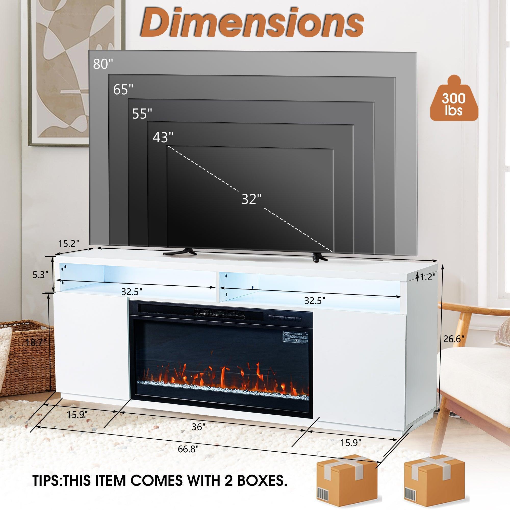 Modern 68-Inch LED TV Stand with 36-Inch Insert Opening & Electric Fireplace - Black or White - Perfect for Living Room Home Theater & Cozy Winter Nights