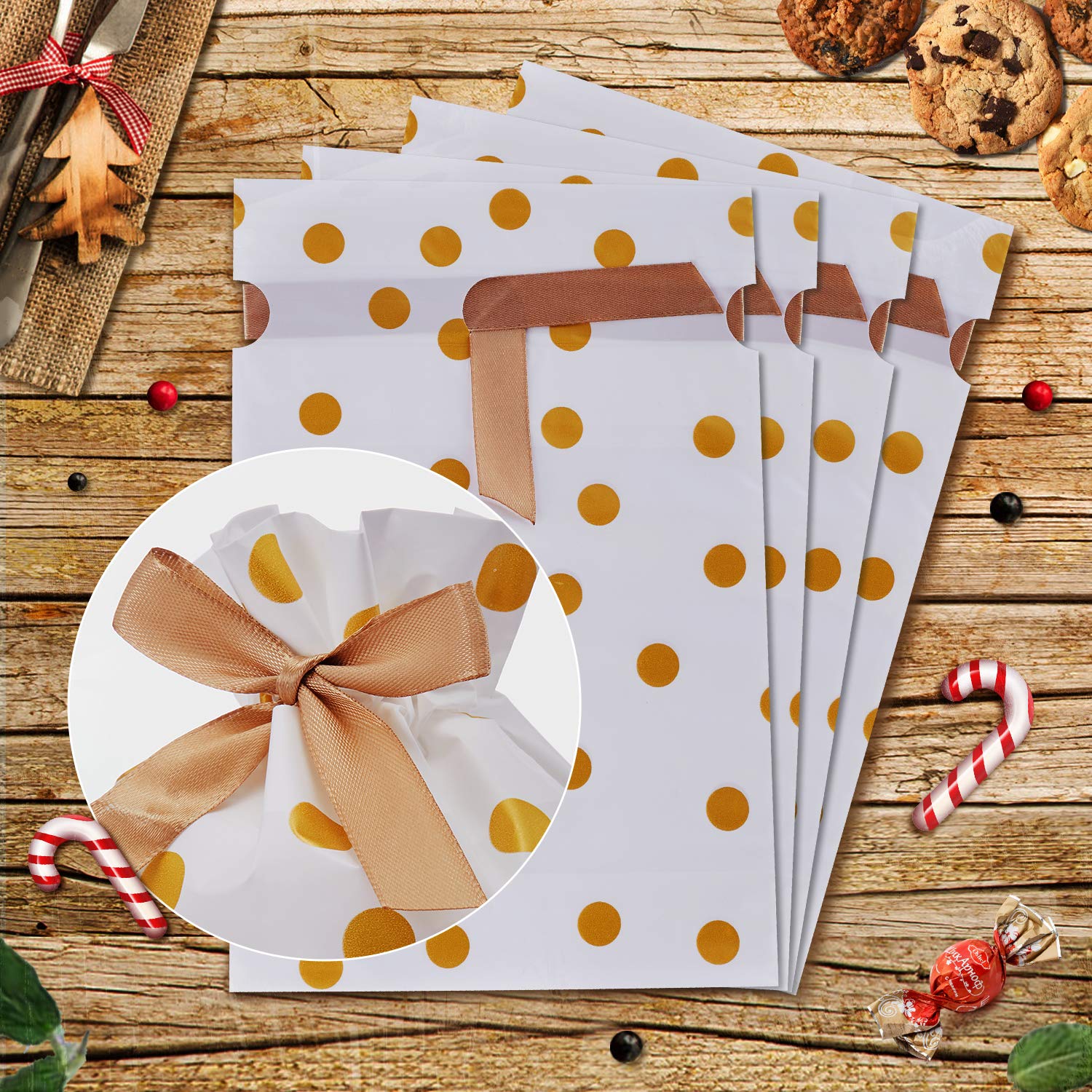 50 Pcs Gold Dot Plastic Drawstring Gift Bags for Candy, Cookies & Party Favors - Treat Bags for Birthday, Wedding, Baby Shower & Holiday Celebrations - Perfect for Snack Wrapping, Gift Giving & Party Decorations