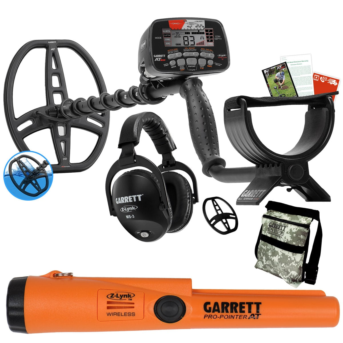 Garrett AT MAX Waterproof Metal Detector with Pro Pointer AT Z Lynk & Camo Diggers Pouch - Professional Metal Detecting Kit for Treasure Hunting, Beach, Gold Prospecting & Outdoor Adventures