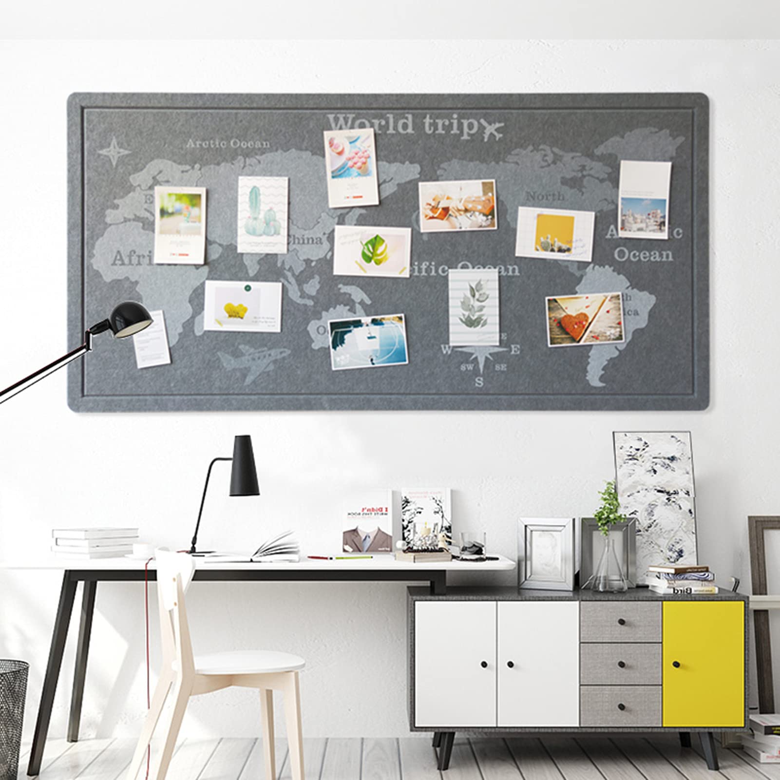 Premium Felt Bulletin Board with Push Pins - 180x100cm Gray World Travel Map for Home, Office & School Decor | Perfect for Travel Planning, Memory Keeping & Wall Organization