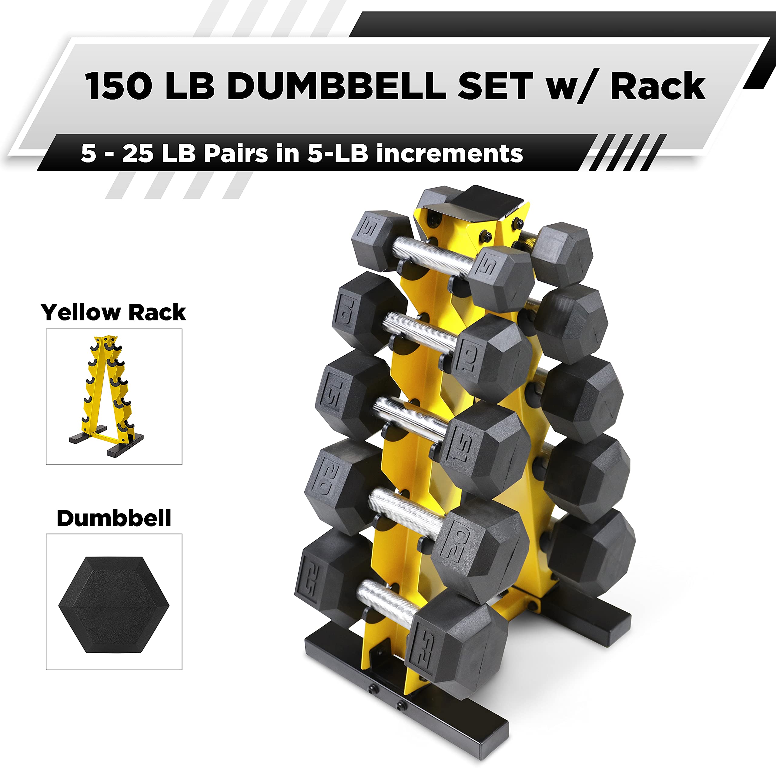 WF Athletic Supply 5-25Lb Rubber Coated Hex Dumbbell Set with A-Frame Storage Rack - Non-Slip Hexagonal Design for Home Gym, Muscle Toning, Strength Training & Weight Loss - Multiple Weight Options - Perfect for Home Workouts, CrossFit & Personal Training