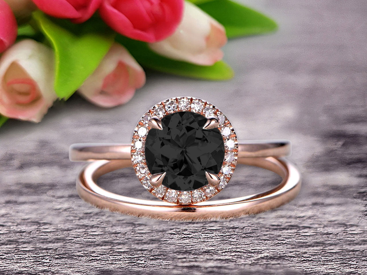 1.25 Carat Round Cut Black Diamond Moissanite Engagement Ring with Matching Band in 10k Rose Gold - Perfect for Proposals, Anniversaries & Wedding Jewelry