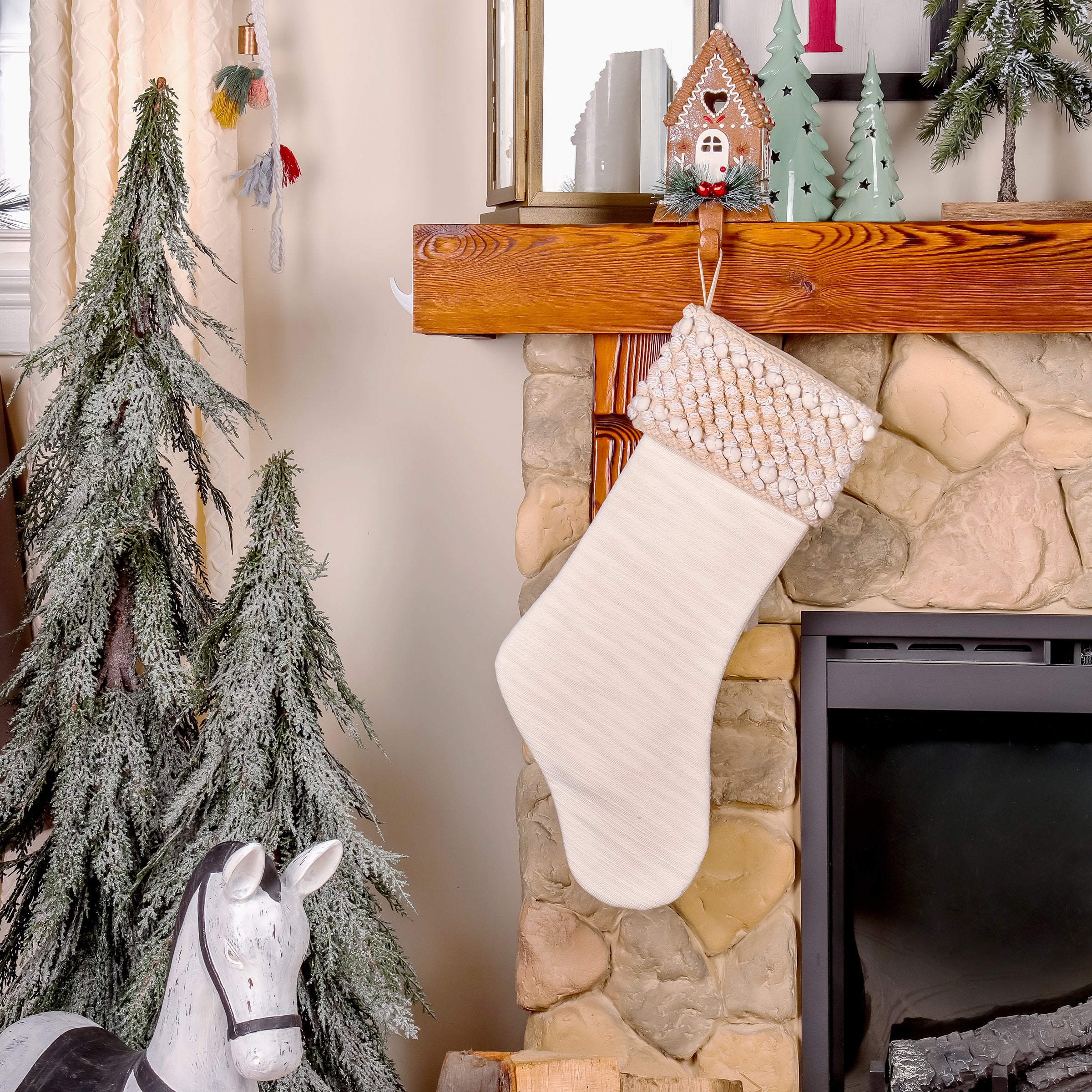 20-inch HGTV Home Collection Textured Cuff Stocking in Ivory - Perfect for Christmas Decor, Holiday Mantel Display & Cozy Winter Home Styling