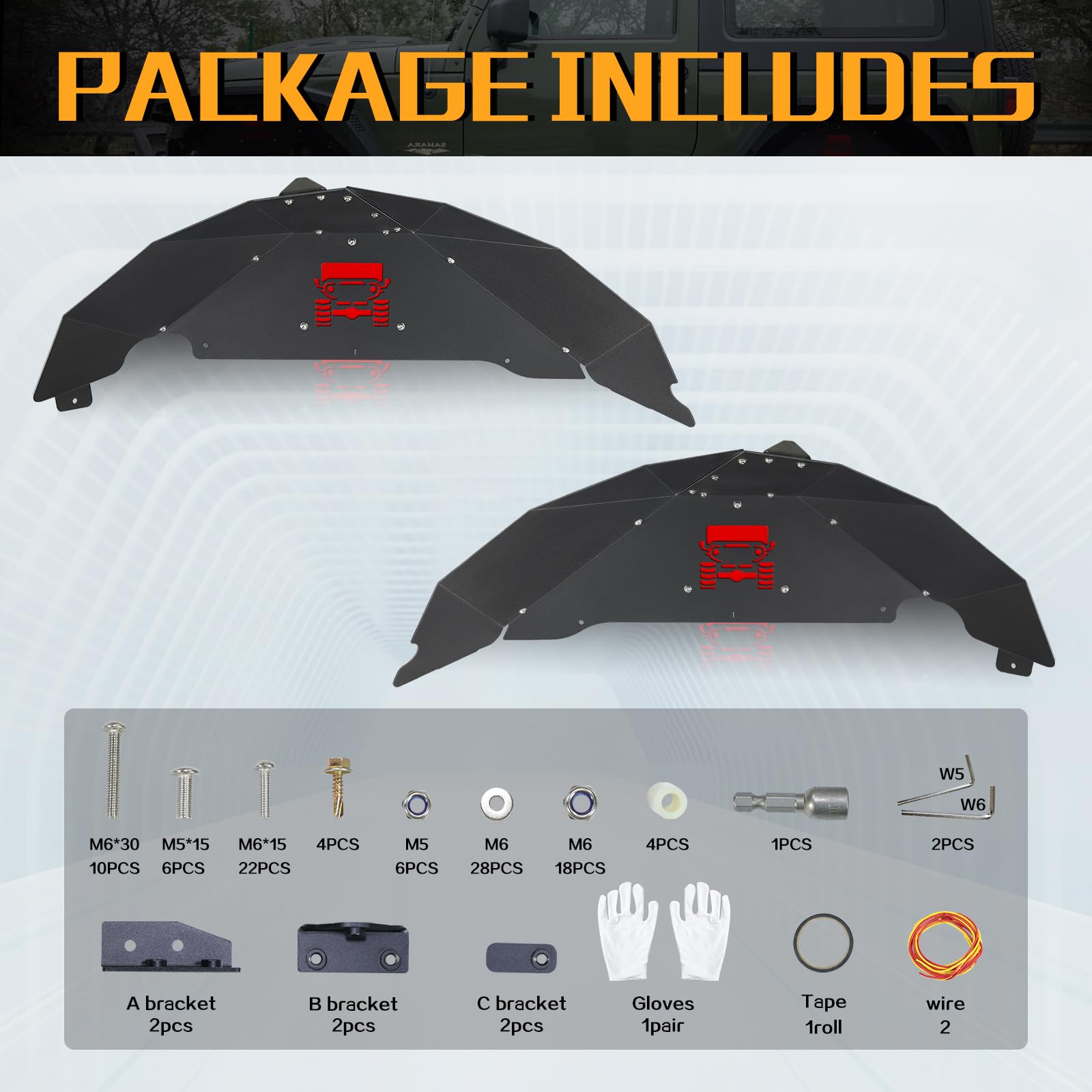Aluminum Rear Inner Fender Liners with 2 LED Lights for 2007-2018 Jeep Wrangler JK JKU (2/4 Door) - Compatible with Sport, Sahara & Rubicon Models | Off-Road Protection & Enhanced Visibility
