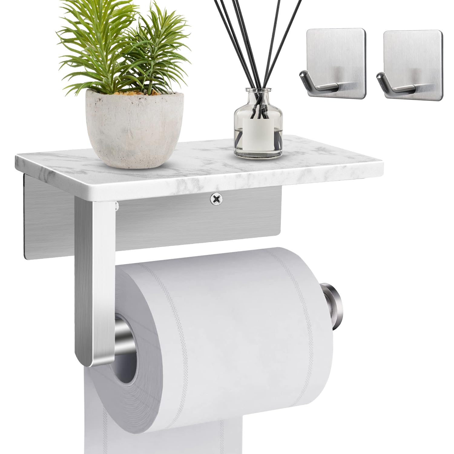 Marble Toilet Paper Holder with Shelf - SUS304 Stainless Steel Wall Mounted Bathroom Tissue Holder - Includes 2 Free Adhesive Hooks - Brushed Nickel Finish - Perfect for Modern Bathrooms & Powder Rooms