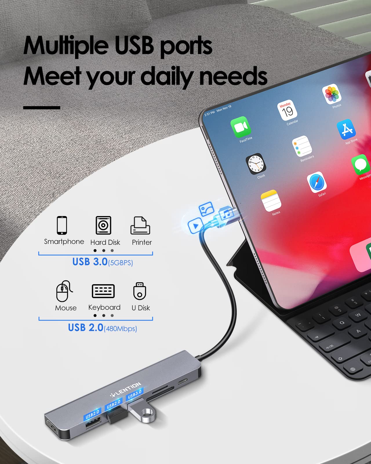 LENTION USB C Hub with 100W PD Charging, 4K HDMI, Dual SD/TF Card Reader, 3 USB Ports for MacBook Pro/Air, Surface, Chromebook - Space Gray | Portable Adapter for Work, Travel & Home Office
