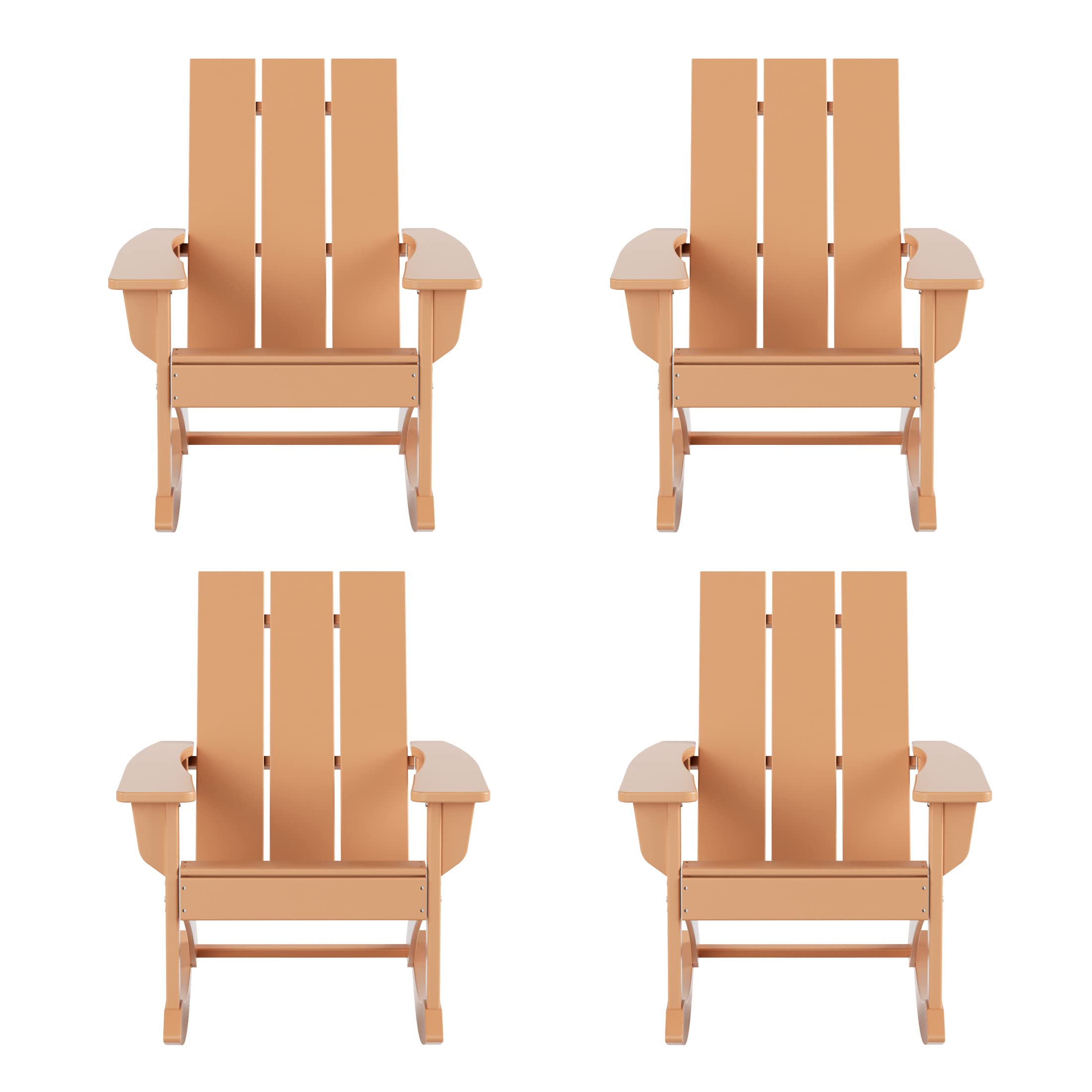 WO Home Furniture 4-Piece Patio Rocking Chair Set - Modern Outdoor HDPE Rocking Chairs with UV & Weather Resistance (Teak Color) - Perfect for Backyard, Garden, Poolside & Porch Relaxation