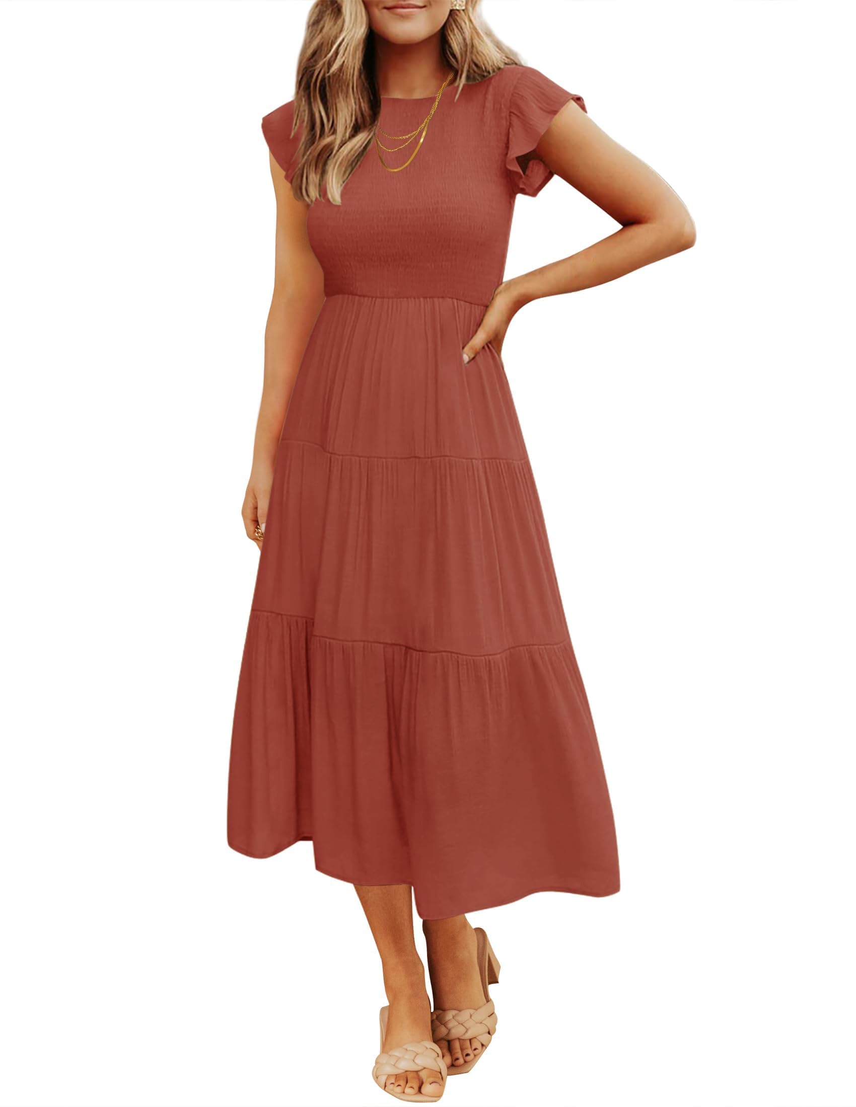 ZESICA Women's Summer Flutter Short Sleeve Smocked Waist Tiered Midi Dress - Casual Crew Neck Elastic Waist Flowy Dress for Beach, Vacation & Everyday Wear