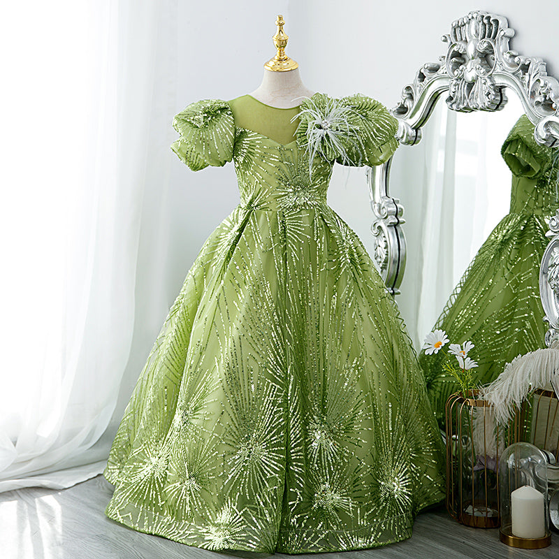 Light Green Flower Girl Dress with Sequins & Puff Sleeves - Girls Communion Princess Dress for Weddings, Baptisms & Special Occasions