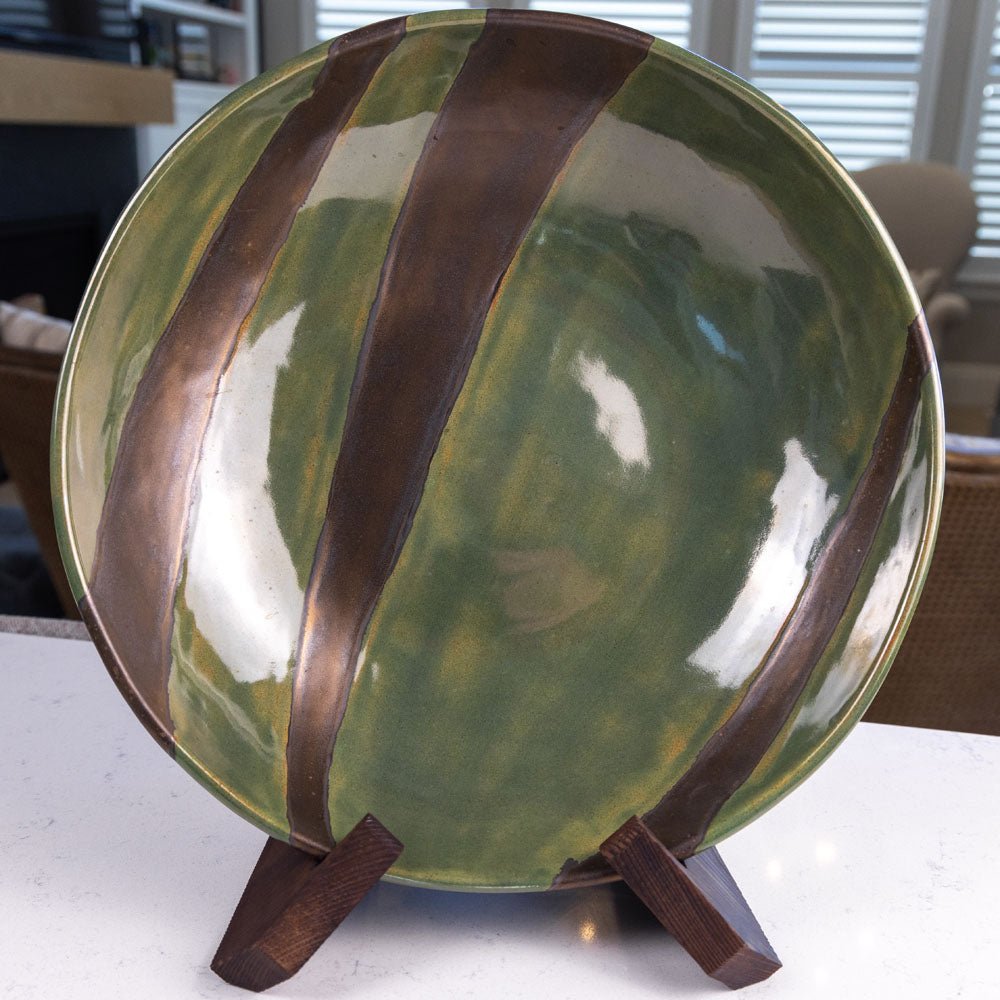 XXL Stoneware Decorative Serving Abstract Bowl - Handcrafted Ceramic Centerpiece for Dining Table, Kitchen Decor in Greens & Metallic Finish | Perfect for Fruit Display, Salad Serving, and Modern Home Decor