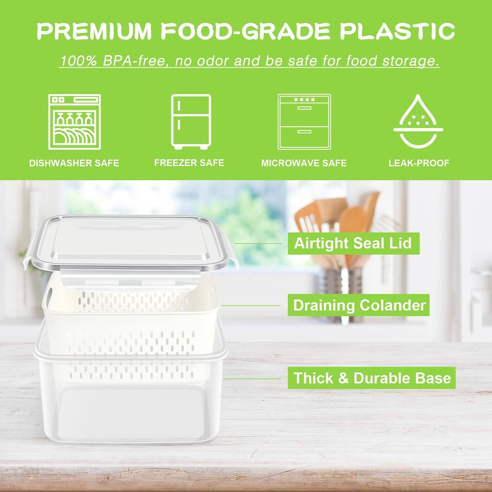 TBMax 4-Pack Airtight Fruit Storage Containers for Refrigerator - Large Produce Saver with Lid & Colander for Berries, Lettuce, Salad, Vegetables | Fridge Organizers & Food Storage | Perfect for Meal Prep, Grocery Organization & Fresh Food Preservation