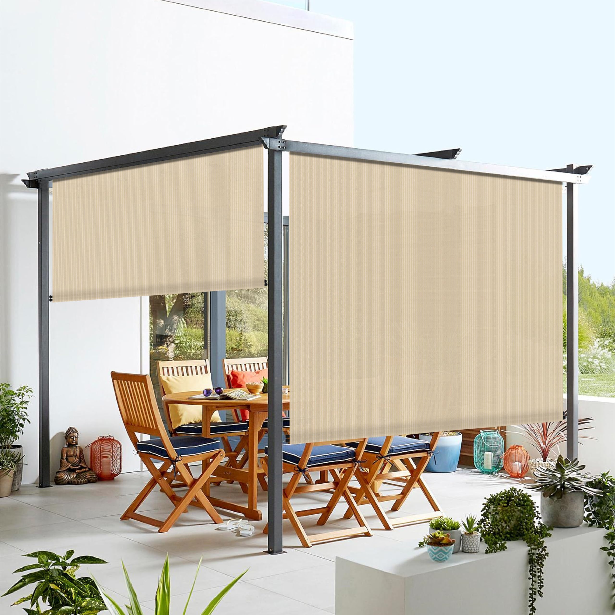 Outdoor Roller Shades 6' x 8' - Blackout Patio Blinds for Pergola, Balcony, Porch & Windows | UV Protection & Privacy Screen | Beige Exterior Shades for Deck, Carport & Outdoor Living Spaces
