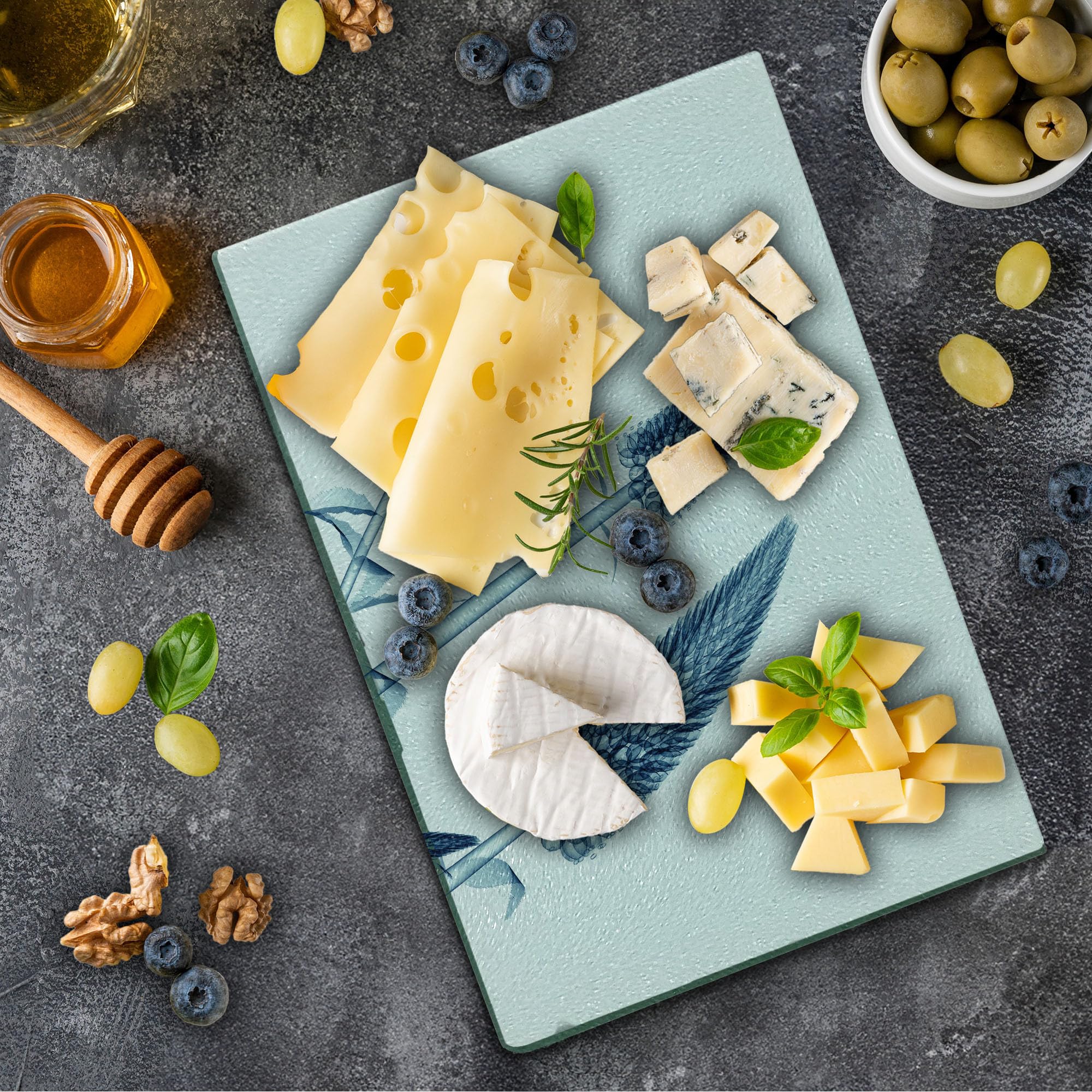 Ambesonne Floral Glass Cutting Board - Gooseneck Loosestrife Flower X-ray Art Print - Decorative Tempered Glass Serving Tray - Small Size Teal & White - Perfect for Cheese Platters, Charcuterie Boards & Kitchen Decor