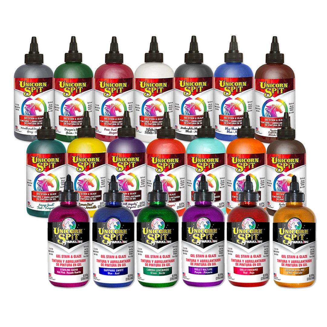 Unicorn SPiT Gel Stain & Glaze - 20 Color Complete Paint Collection (8oz) - Original & Sparkle Varieties with Exclusive PTP Flash Deals Guide - Perfect for Wood Furniture Restoration, DIY Crafts, and Home Decor Projects