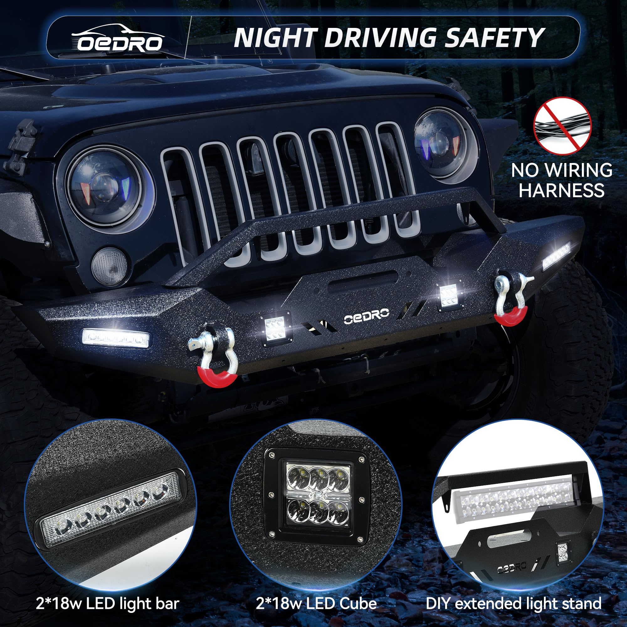 OEDRO Heavy Duty Front Bumper with Winch Plate & LED Lights for 2007-2018 Jeep Wrangler JK & Unlimited - Rock Crawler Off-Road Bumper with D-Rings for Trail Riding, Overlanding & 4x4 Adventures