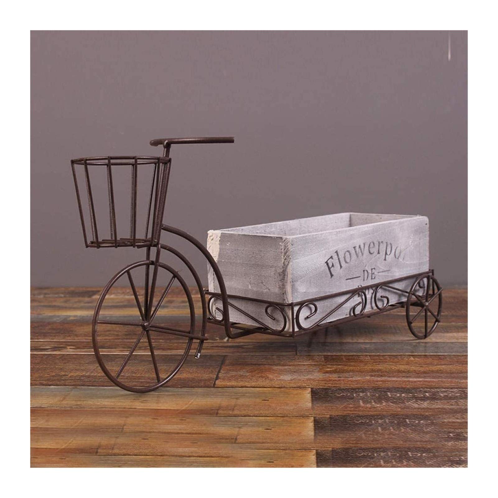 LQX Vintage Iron Tricycle Flower Stand - Decorative Storage Box for Plants, Wooden Flower Basket, Tabletop Home Decor - Perfect for Indoor Garden, Living Room, and Patio Decor (Color: C)