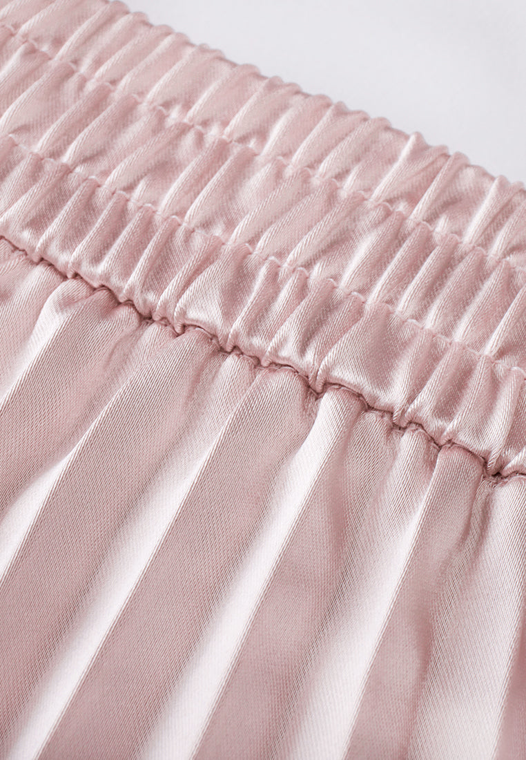 Elegant Pink Satin Pleated Midi Skirt for Women - Trendy High Waist A-Line Skirt for Party, Wedding & Office Wear