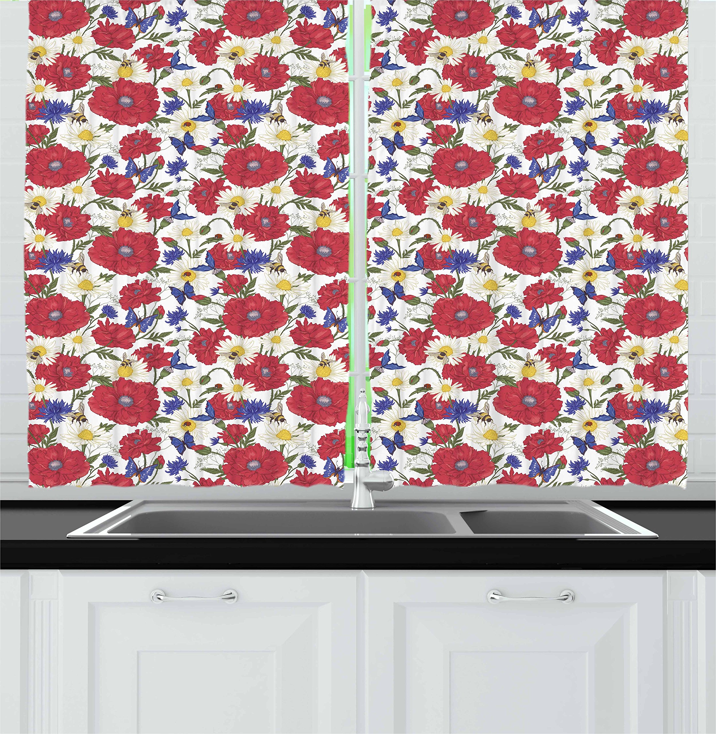 Ambesonne Floral Kitchen Curtains Set of 2 - Red Poppies, Chamomile, Ladybugs, Daisies with Bumblebees & Butterflies Design - 55
