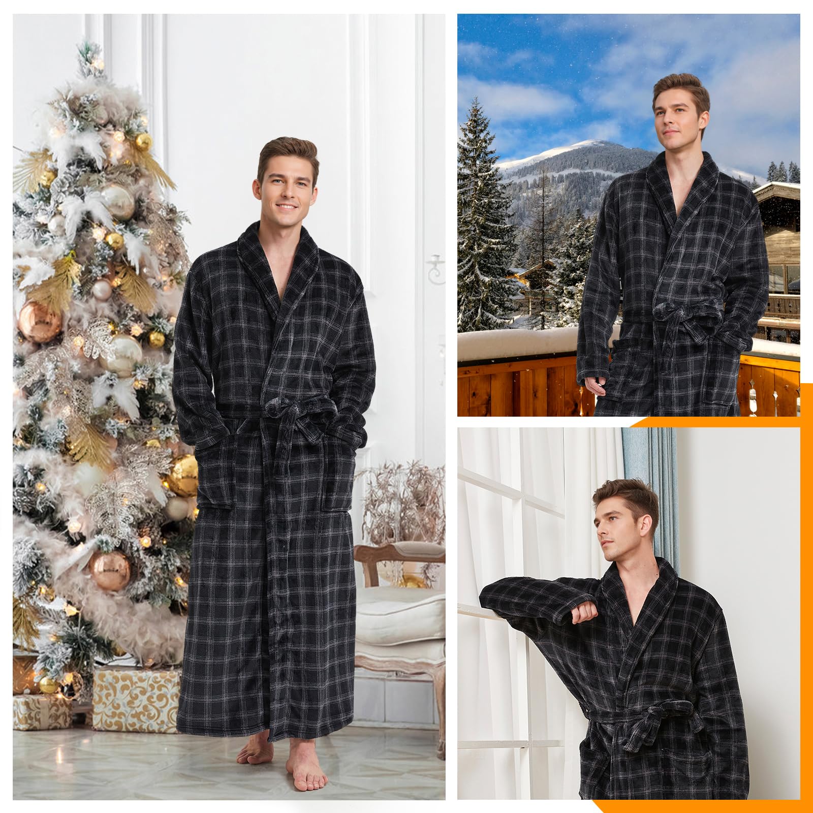 **Men's Plush Fleece Bathrobe - Full Length Big & Tall Shawl Collar Plaid Robe for Men - Cozy Loungewear for Home, Spa & Relaxation**