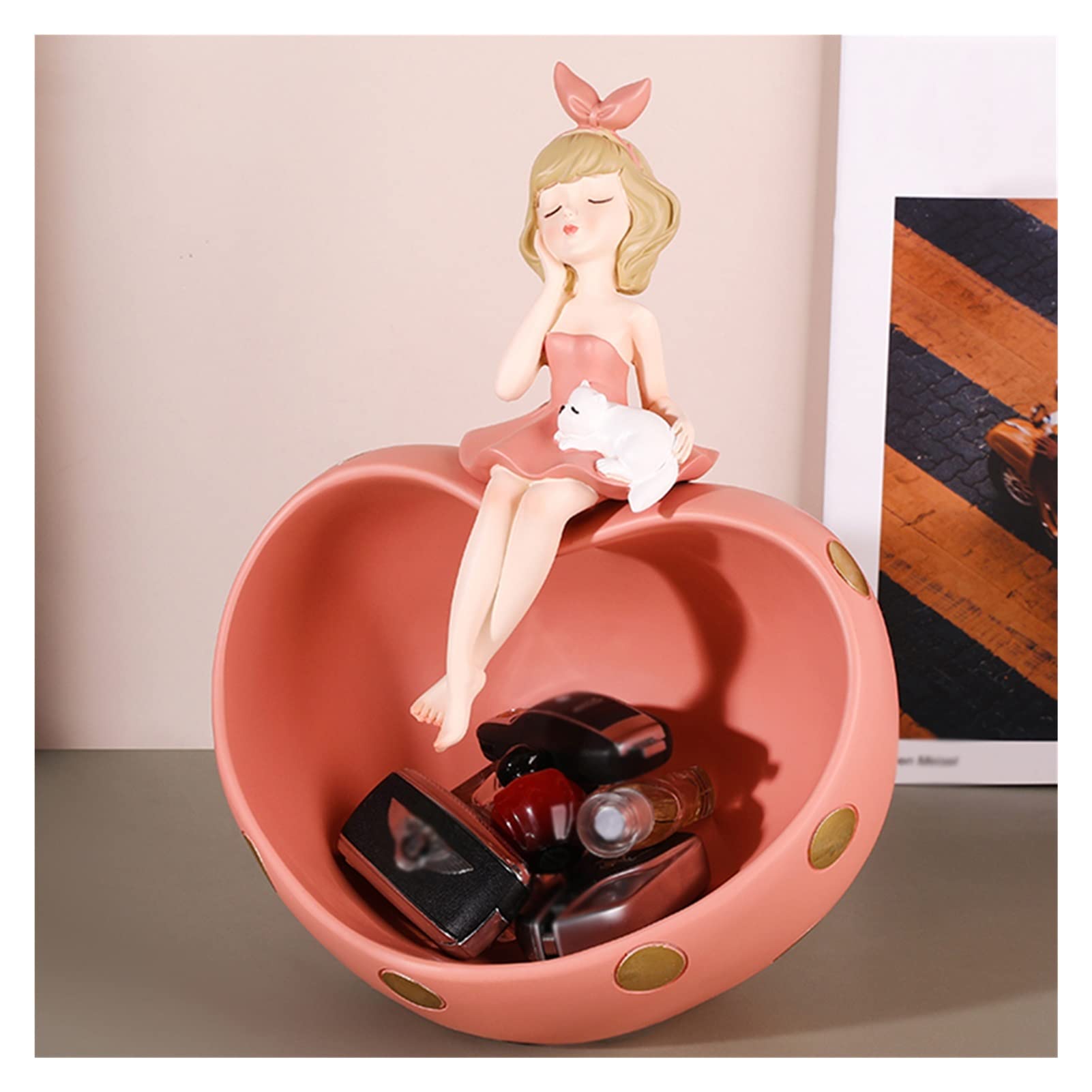 Pink Resin Jewelry Dish & Key Bowl - Decorative Bubble Blowing Girl Figurine for Entryway Table Organizing, Home Decor, Gift Idea | Perfect for Vanity, Dresser, Nightstand & Entryway Organization