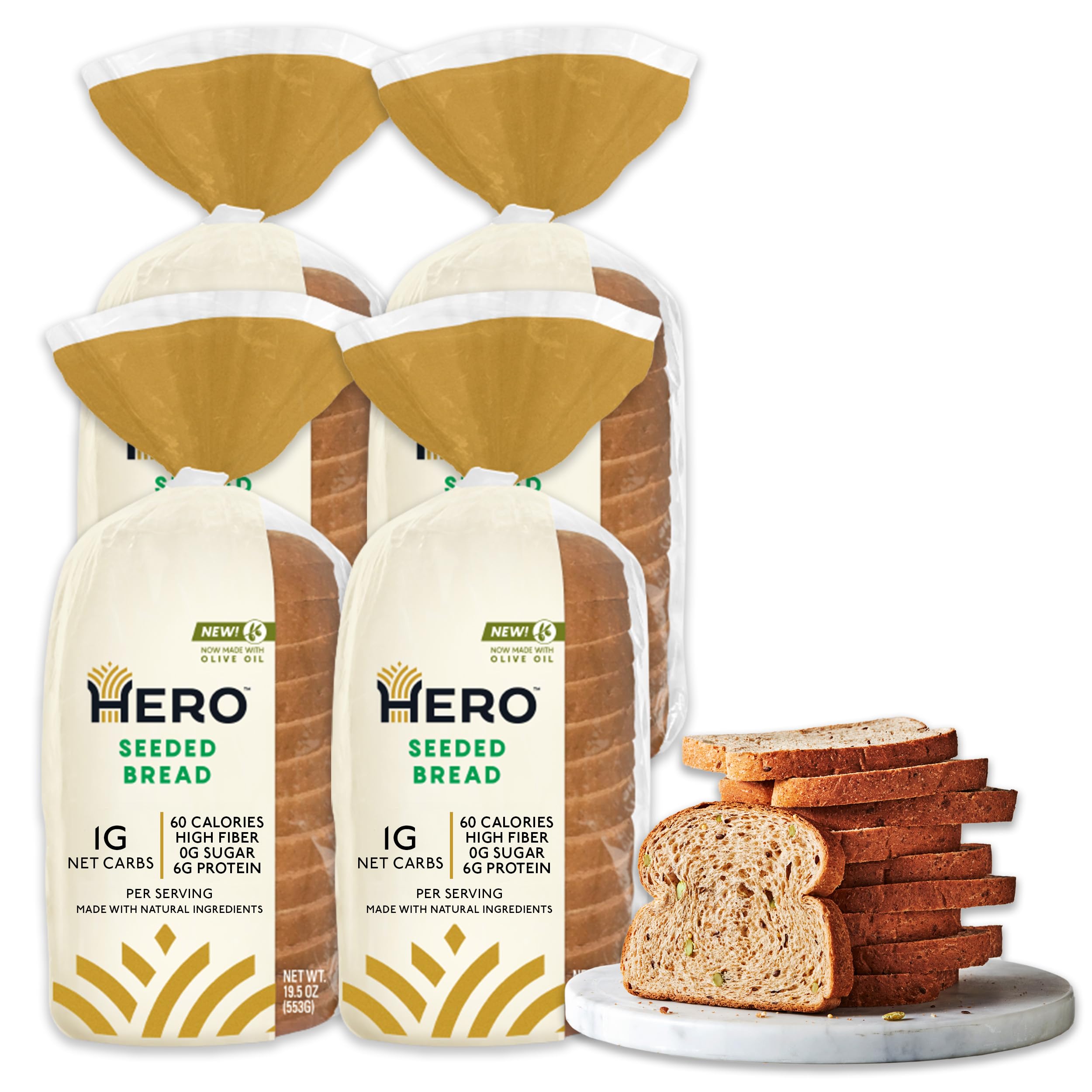 Hero Seeded Bread - Low Carb Keto Friendly Bread (1g Net Carb, 0g Sugar, 60 Calories, 12g Fiber per Slice) - 15 Slices per Loaf, Pack of 4 | Perfect for Sandwiches, Toast & Healthy Breakfasts