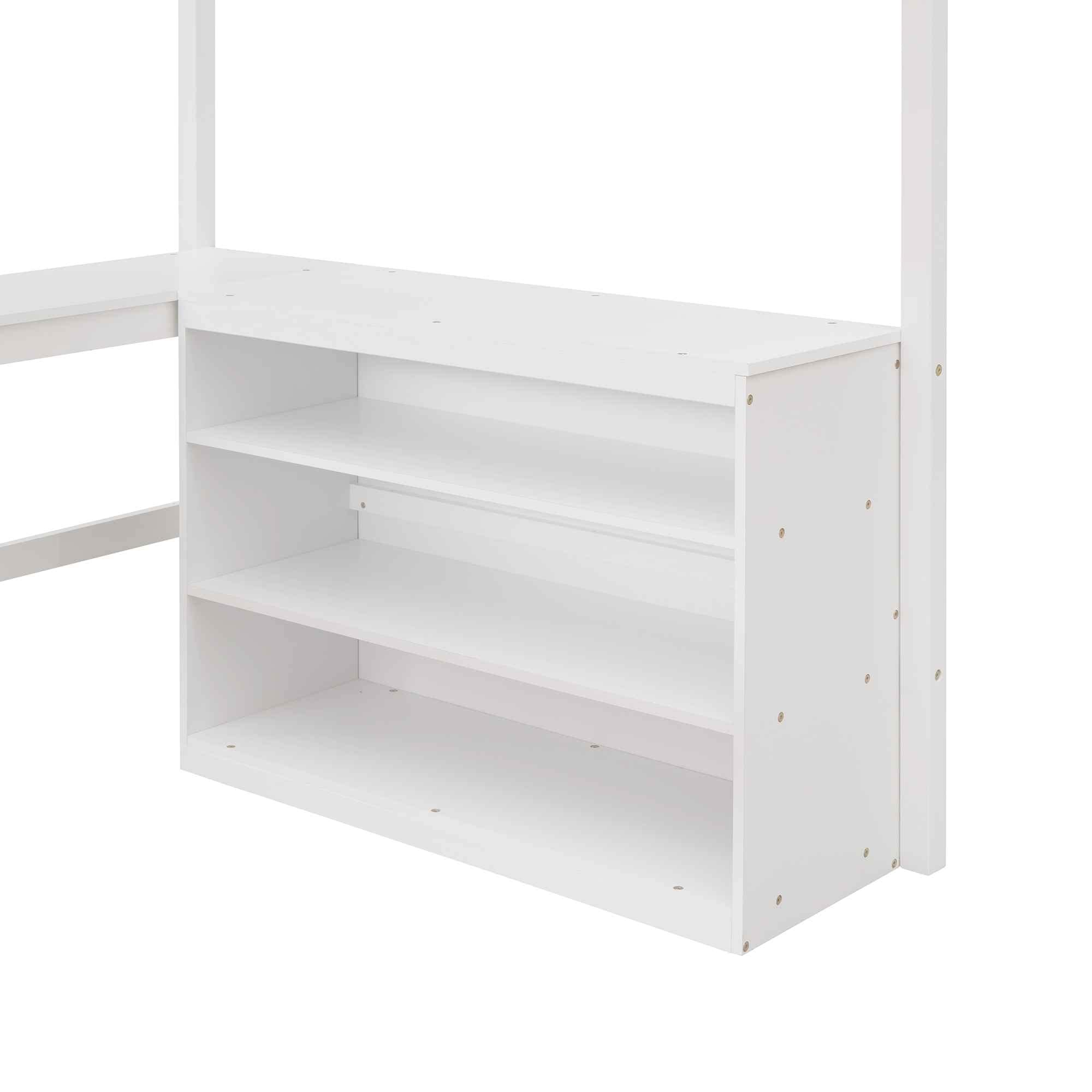 **Full Size Loft Bed with 3 Storage Shelves & Long Desk - Solid Pinewood Bed Frame with Ladder & Safety Guardrails - Space-Saving Kids & Adult Bedroom Furniture - No Box Spring Needed - White - Perfect for Small Rooms, Dorms & Apartments**