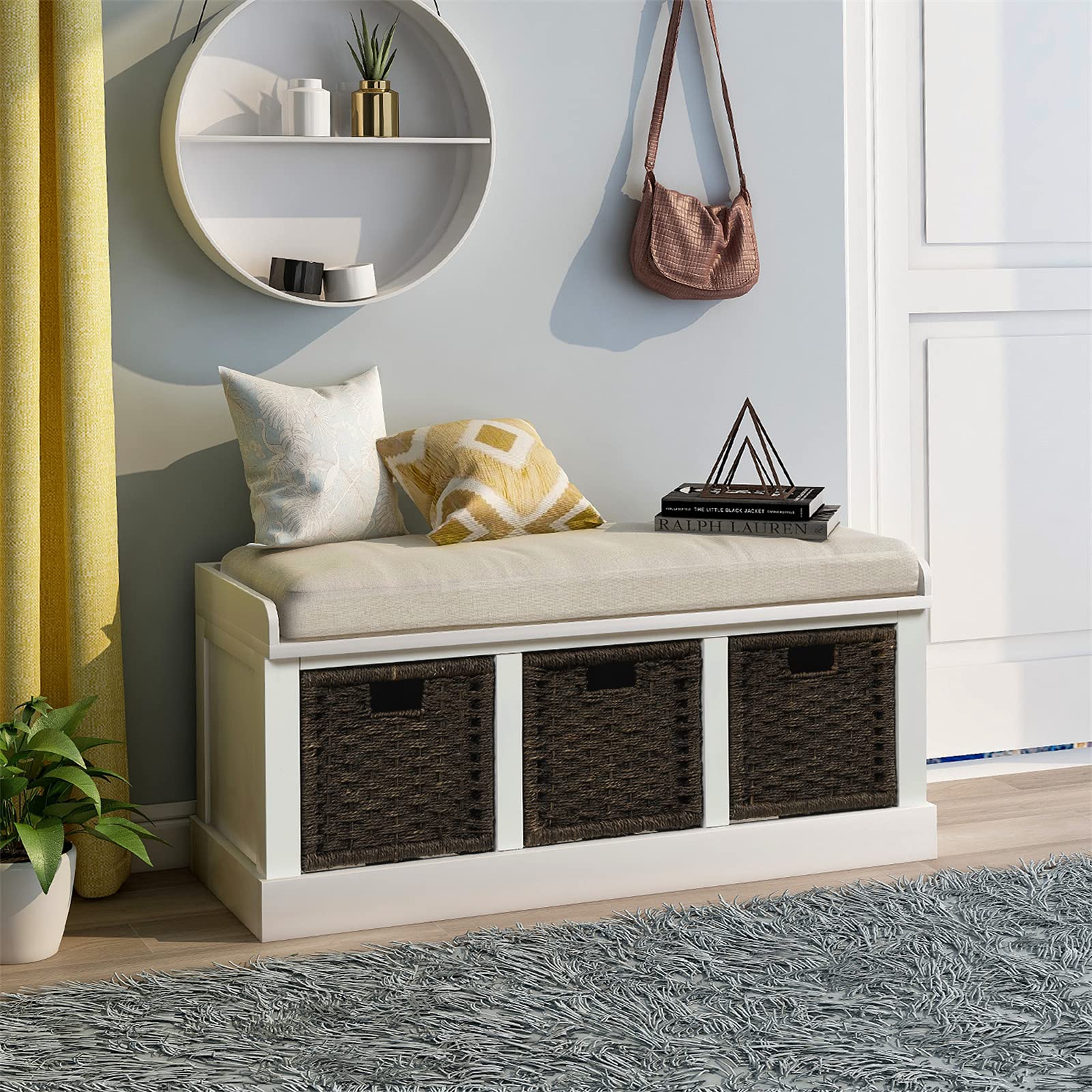 VERYKE Entryway Storage Bench with Removable Cushion & 3 Rattan Baskets - Shoe Bench with Hollow Handle for Hallway, Living Room, Bedroom (White) | Perfect for Organizing Shoes, Blankets & Home Decor in Small Spaces