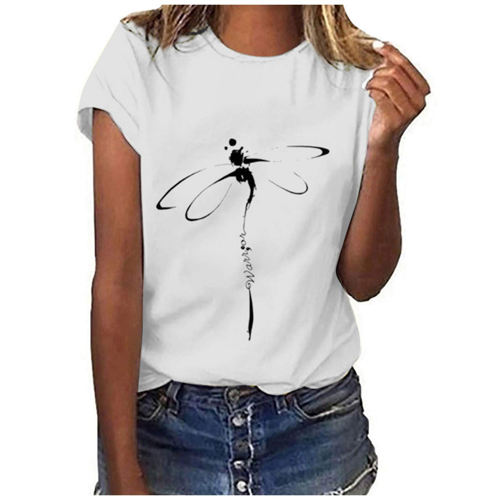 Kamendita Women's Dragonfly Print T-Shirt - Cute Funny Summer Short Sleeve Casual Blouse Top for Everyday Wear & Outdoor Activities