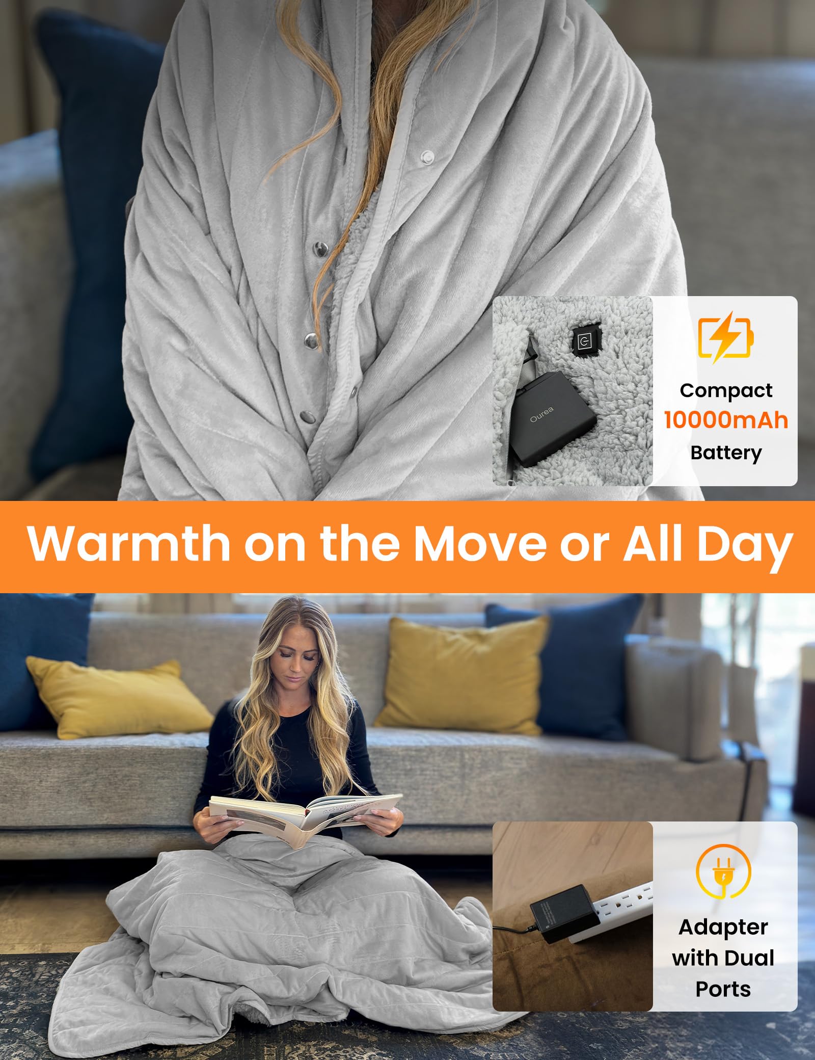 Ourea Battery Powered Heated Blanket - 10000mAh Rechargeable Portable Electric Blanket with 3 Heat Settings | Indoor Use for Camping, Travel, Office & Home (Hearth Grey)