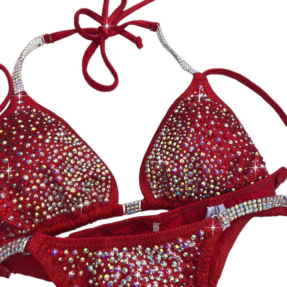 Red Crystal Rhinestone Bikini Set - Competition Swimsuit for NPC & Fitness Shows - Perfect for Bodybuilding, Bikini Contests & Beach Fashion
