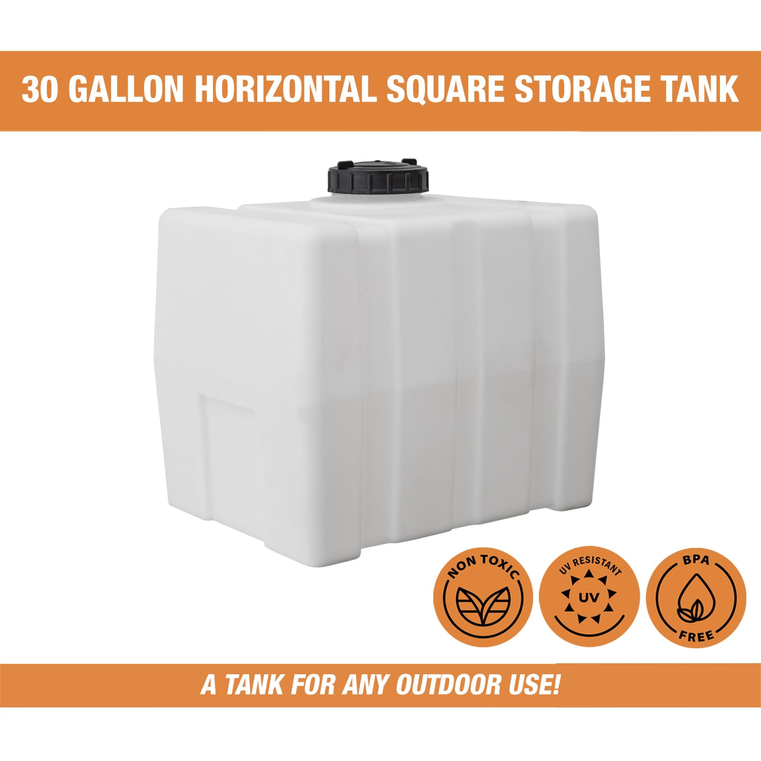 RomoTech 82123909 30-Gallon Horizontal Square Water Storage Tank - USA-Made Polyethylene Reservoir for Water & Non-Flammable Liquids | Rustproof & Corrosion-Resistant | Ideal for Agriculture, Industrial & Home Water Storage