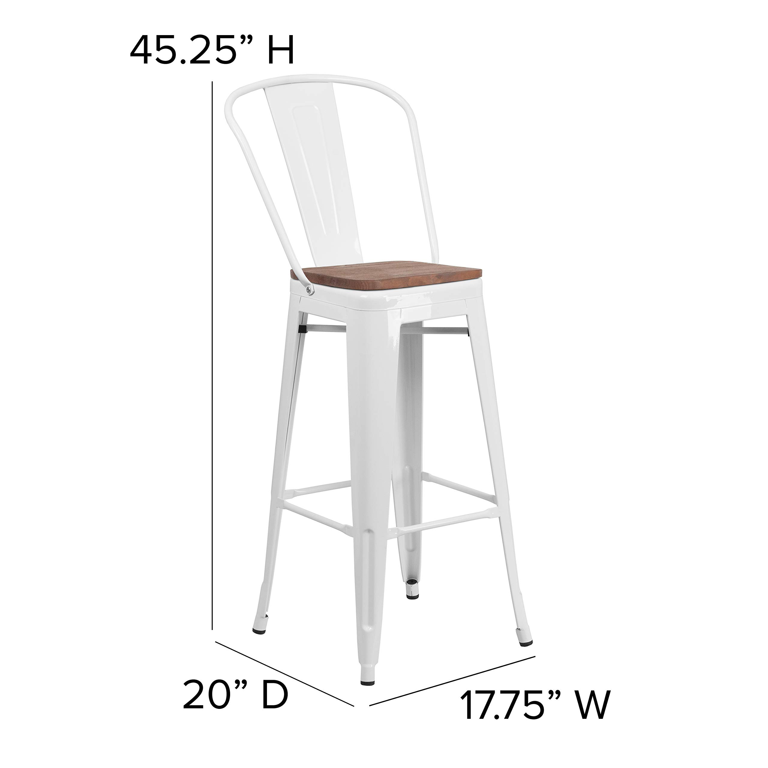 EMMA + OLIVER 30 Inch White Metal Bar Stool with Backrest and Wooden Seat - Perfect for Kitchen Islands, Breakfast Bars, and Home Decor