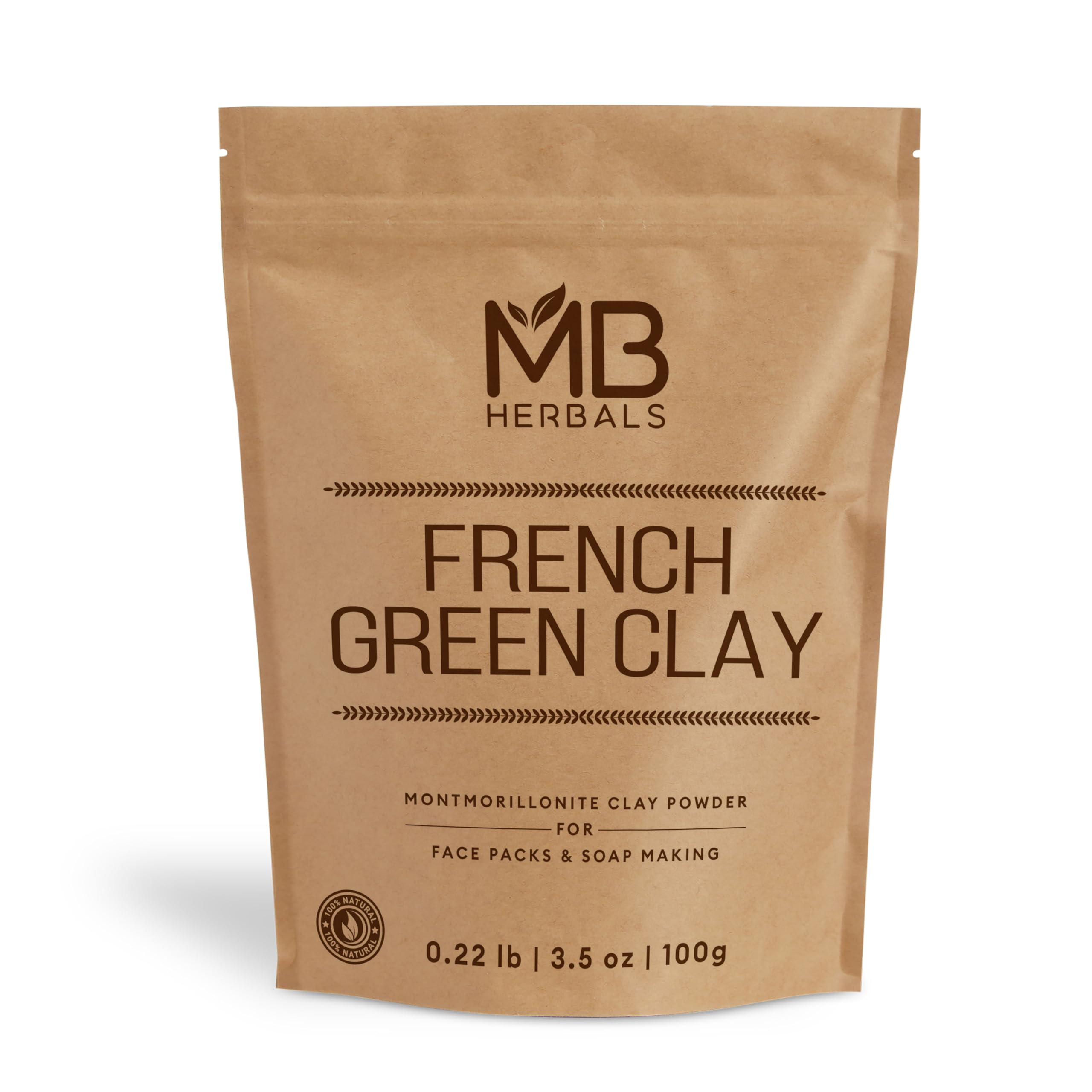 MB Herbals French Green Clay Powder 100G | Natural Skin Care for Face Masks, Scrubs & Soap Making | Absorbs Excess Oil & Detoxifies Skin | Perfect for Acne Treatment & Deep Cleansing at Home Spa