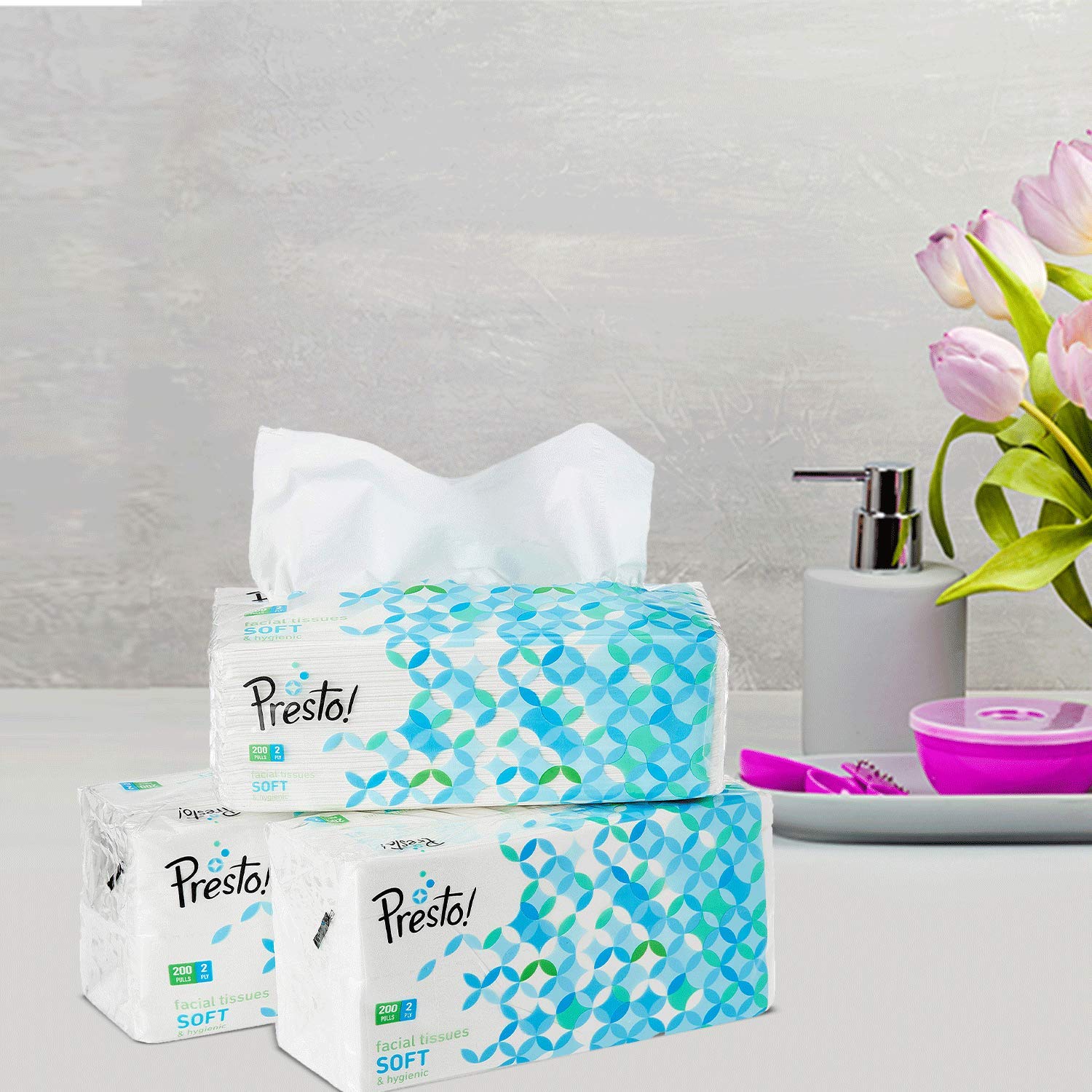 Presto! 2-Ply Facial Tissues Box - 600 Tissues (3-Pack of 200 Tissues Each) | Ultra Soft & Highly Absorbent | 100% Natural Virgin Cellulose Fiber | For Home, Office & Travel Use