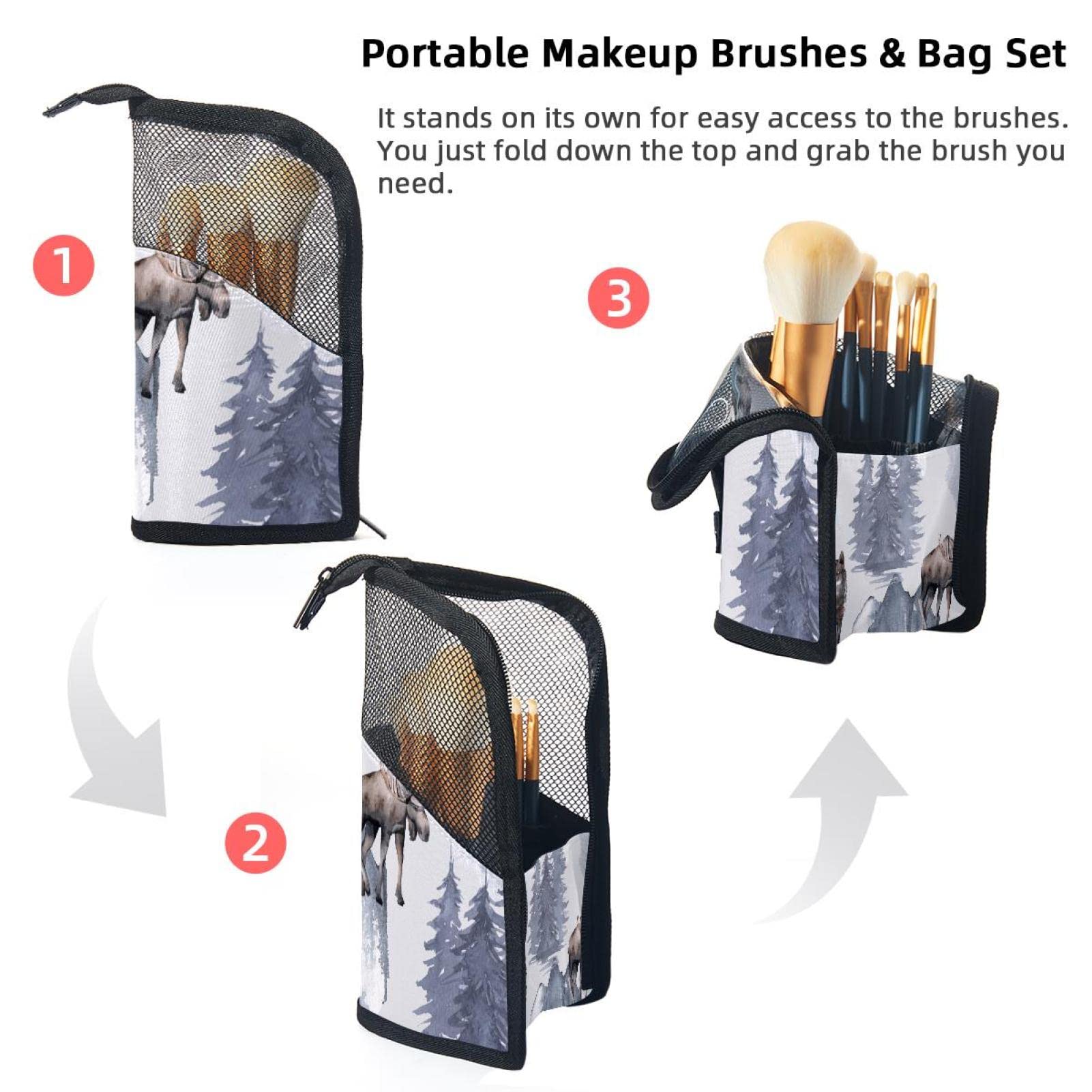 Premium Makeup Brush Organizer Bag with 12 Brushes - Deer, Bear, Wolf & Eagle Designs | Portable Cosmetic Brush Holder Case for Travel & Home Storage | Perfect for Makeup Artists & Beauty Enthusiasts